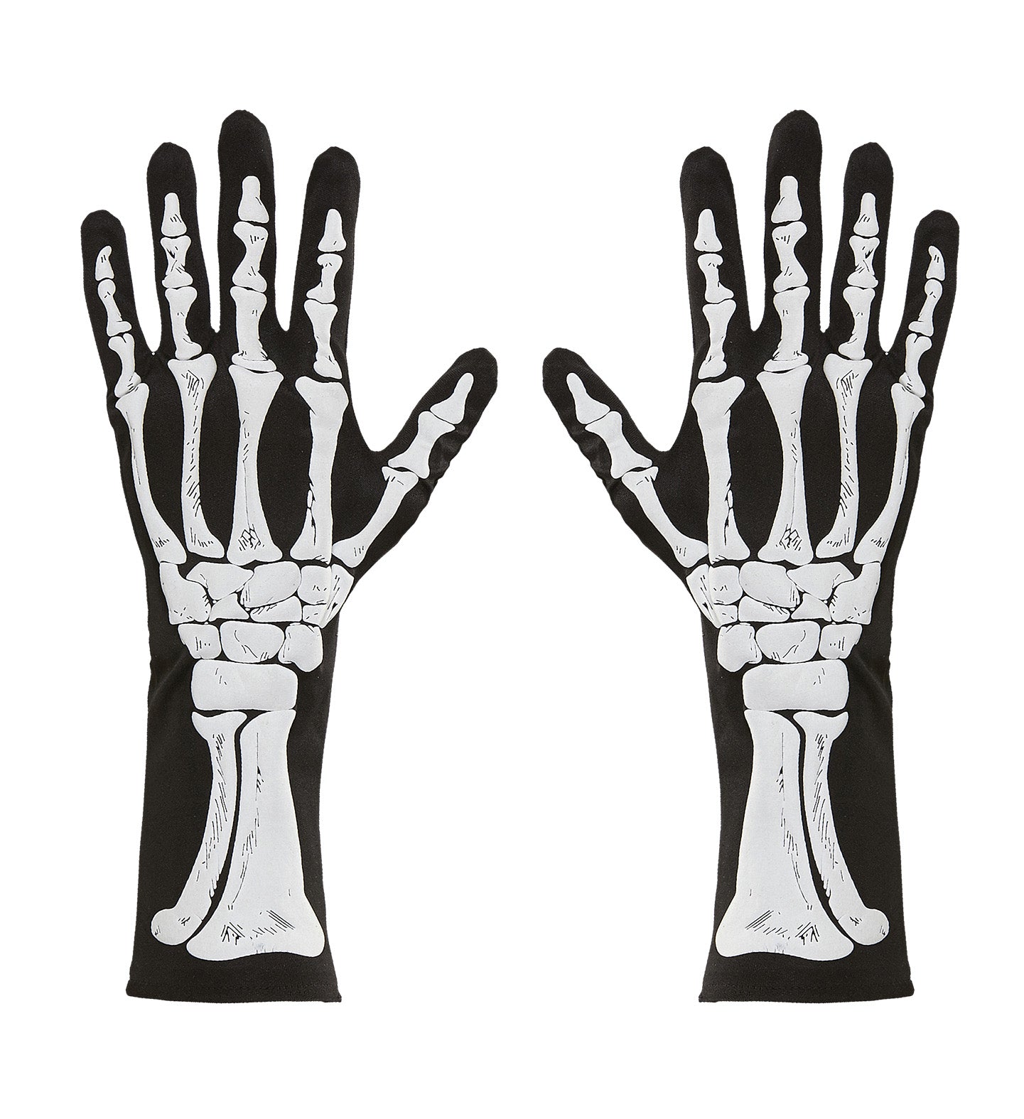 A pair of black costume gloves with a detailed, realistic white print of the bones of the hand and wrist.