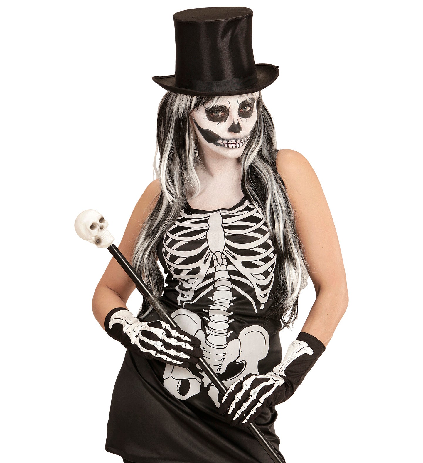 A woman in a gothic skeleton costume with a top hat, modeling the black gloves with a white bone hand print.