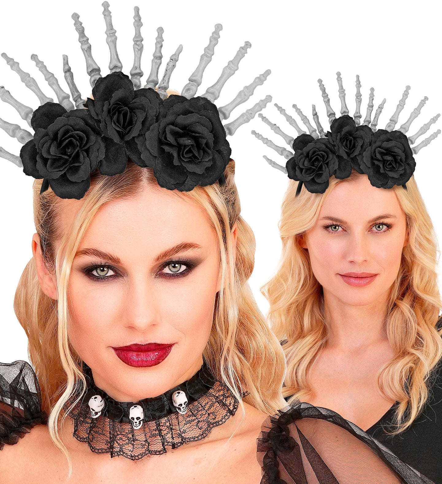 A collage showing two views of a woman with dramatic makeup modeling a gothic headpiece made of fanned-out skeleton hands and black roses.