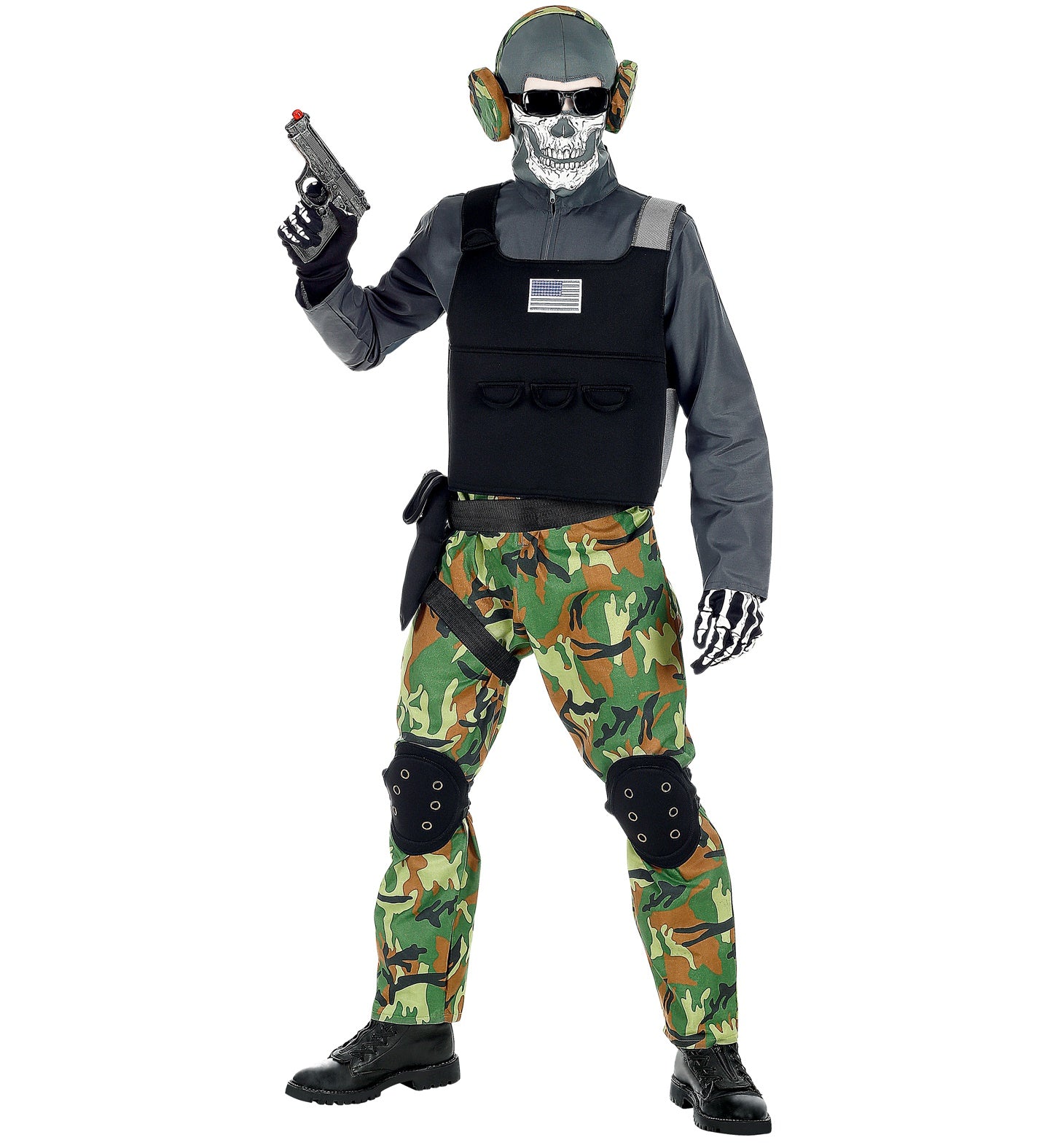 A child wearing a tactical skeleton soldier Halloween costume featuring a skull mask, camo trousers, and a black vest, holding a toy pistol.