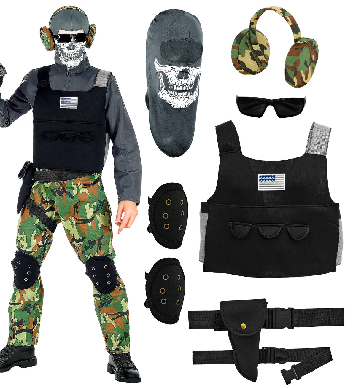 A flat lay showing the individual pieces of a child's skeleton soldier costume, including the main suit, vest, camo headset, sunglasses, skull mask, knee pads, and a belt with a holster.