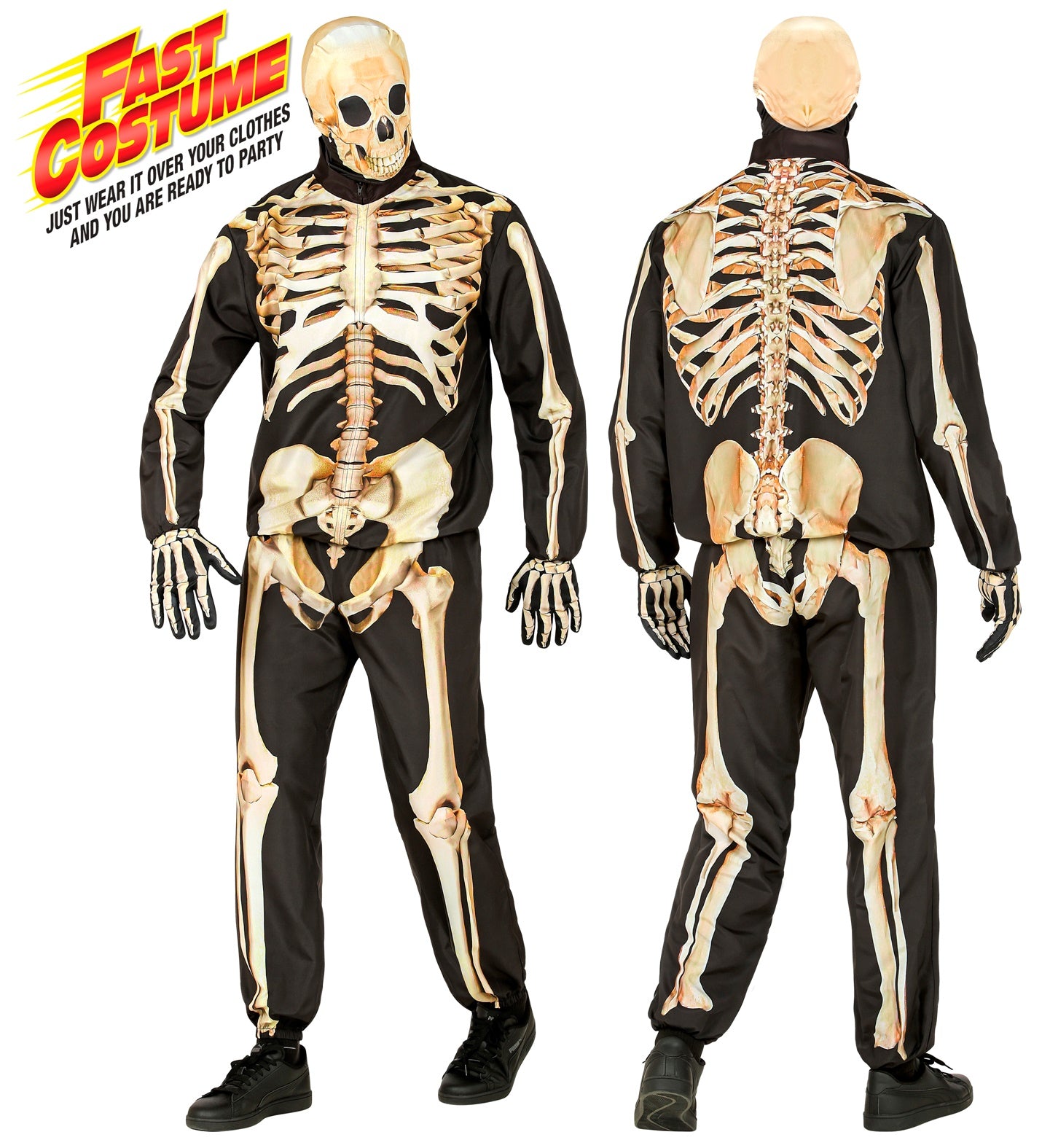 A man models a 'Fast Costume' adult skeleton outfit, showing how the jacket and pants with a bone print can be worn over clothes.