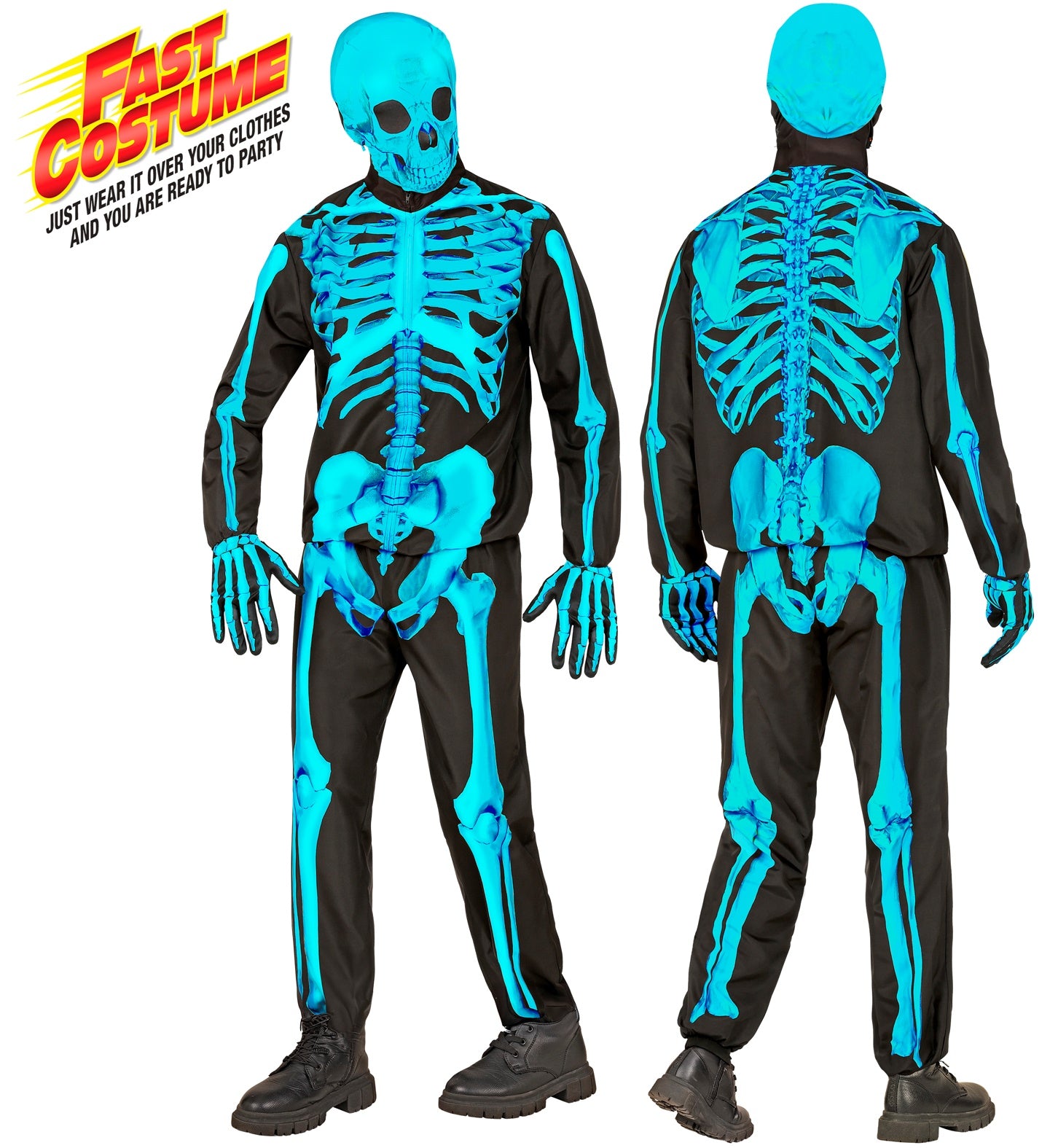 A child models a blue 'Fast Costume' skeleton outfit, showing the front and back print on the jacket and pants designed to be worn over clothes.
