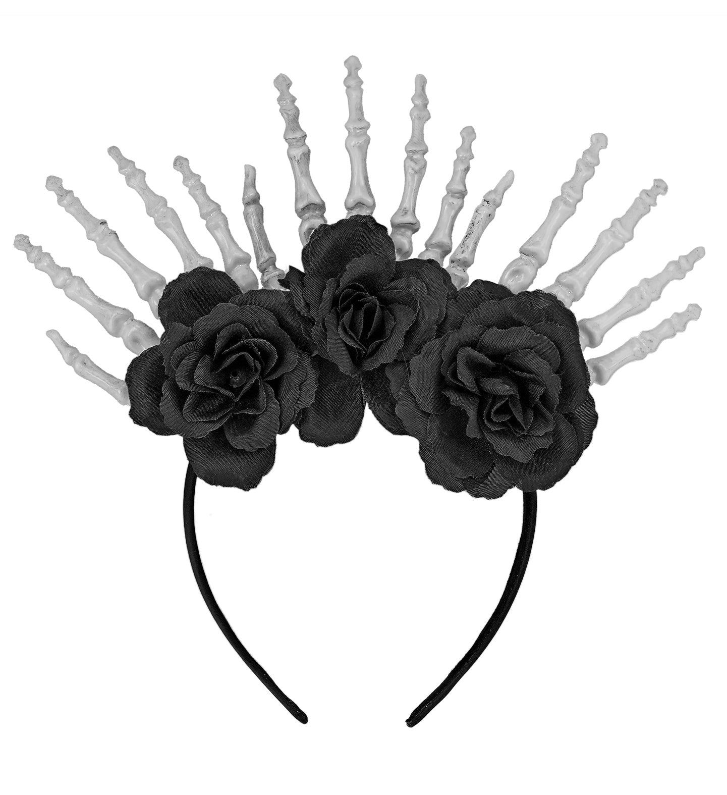 A gothic Halloween headpiece featuring a crown of white skeleton hands and a cluster of black fabric roses, all on a simple black headband.
