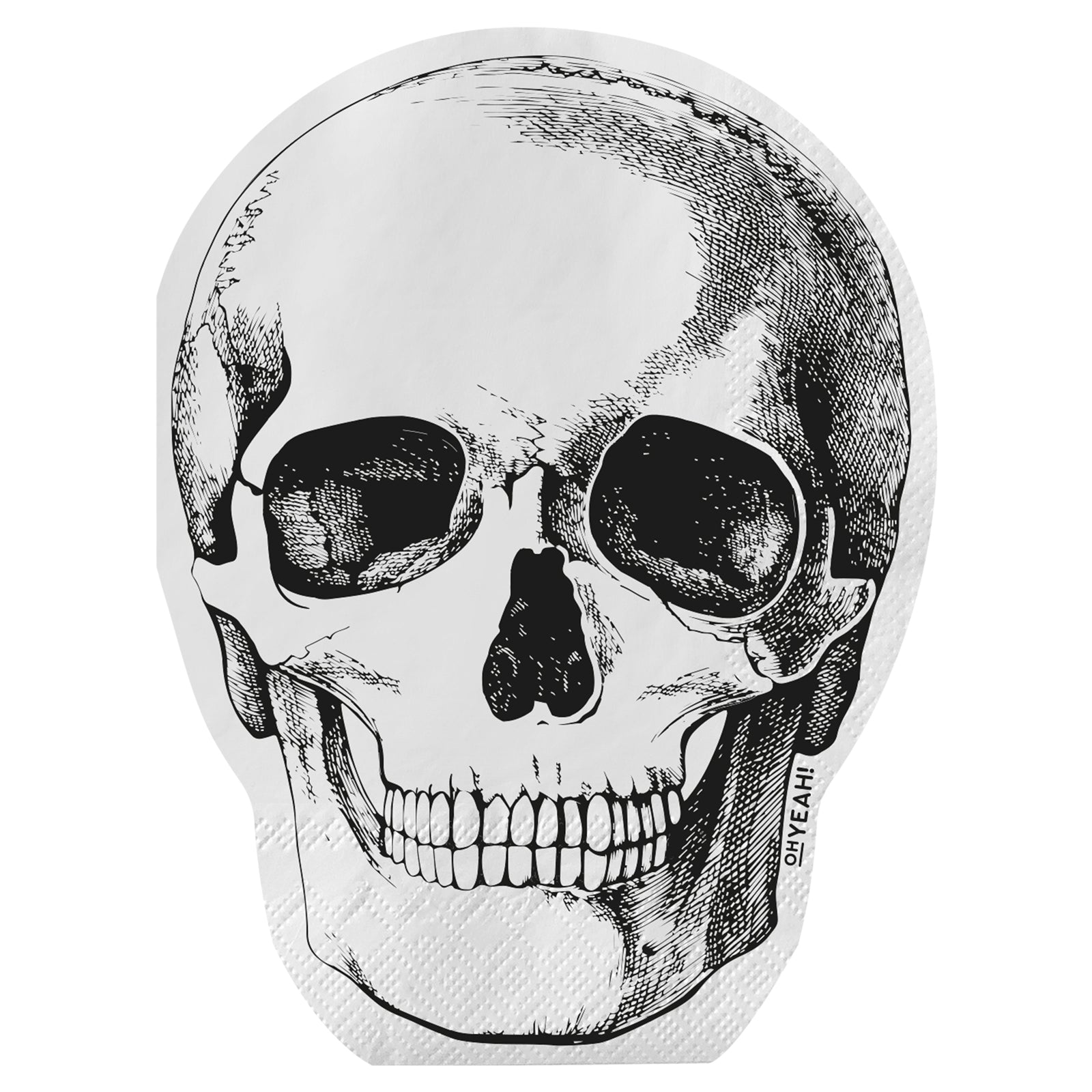 A white paper napkin die-cut into the shape of a human skull, featuring a detailed black anatomical illustration.