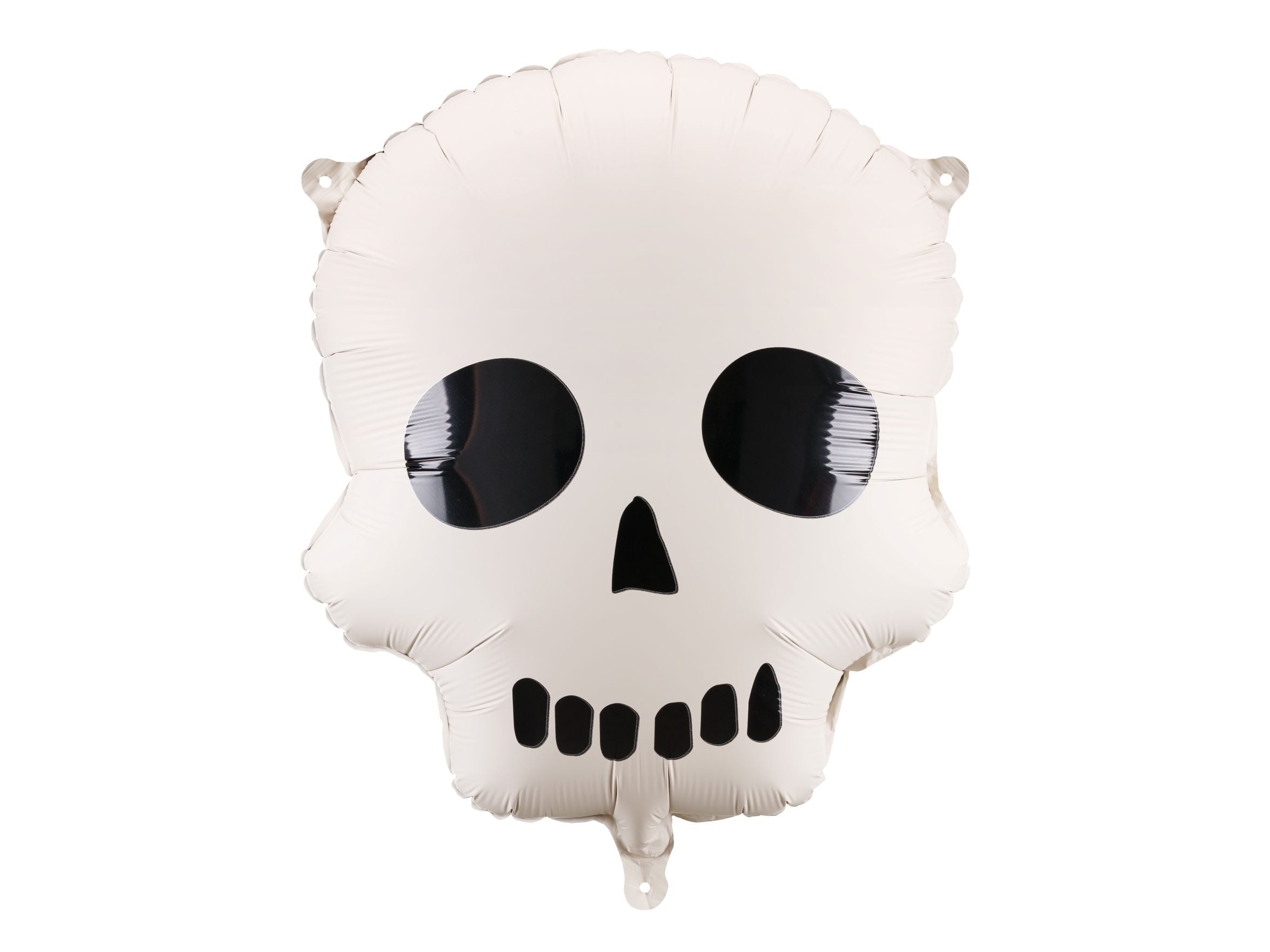 A large, cream-colored skull-shaped foil balloon with black eyes and nose, isolated on a white background.