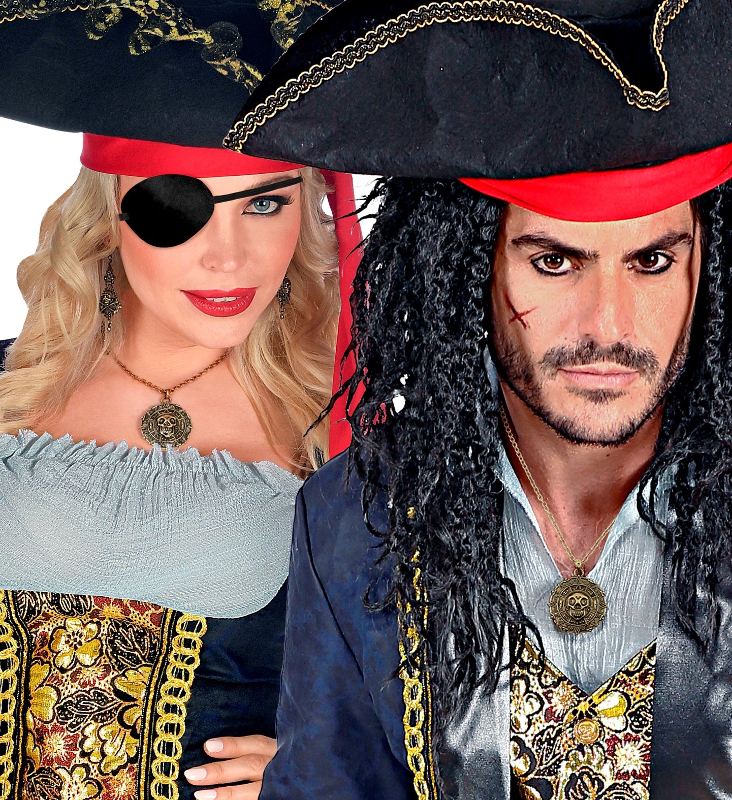 A composite image showing a person with long wavy hair and an eyepatch, and another person with long dreadlocks, both in pirate costumes and wearing an identical skull compass necklace.