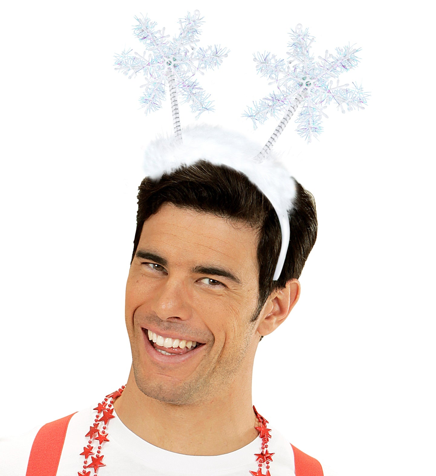 A man with black hair modeling the fluffy white headband with the shimmering snowflake boppers.