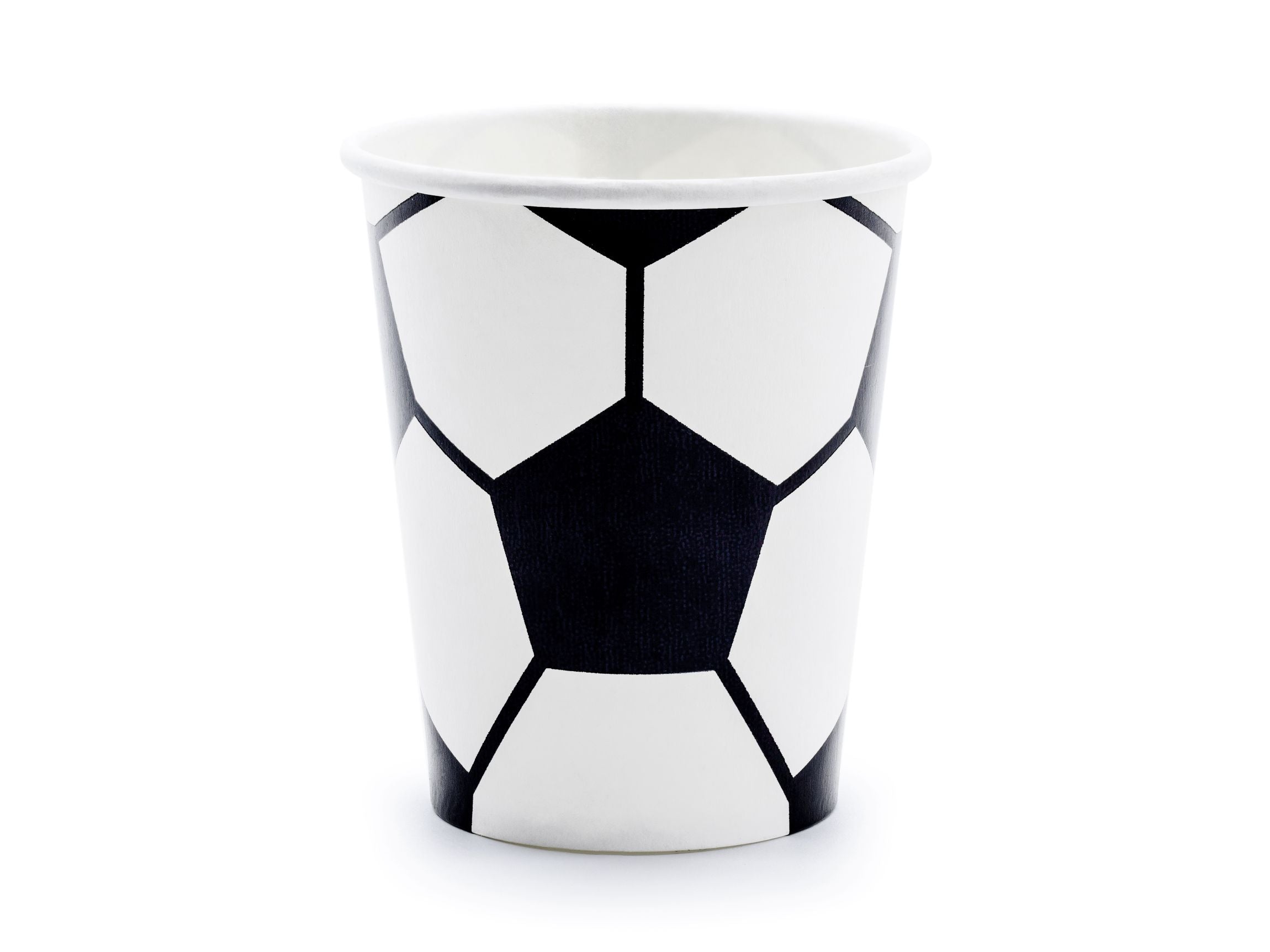 A single black and white soccer ball patterned paper cup, made of matt paper with glossy black print, shown on a white background.