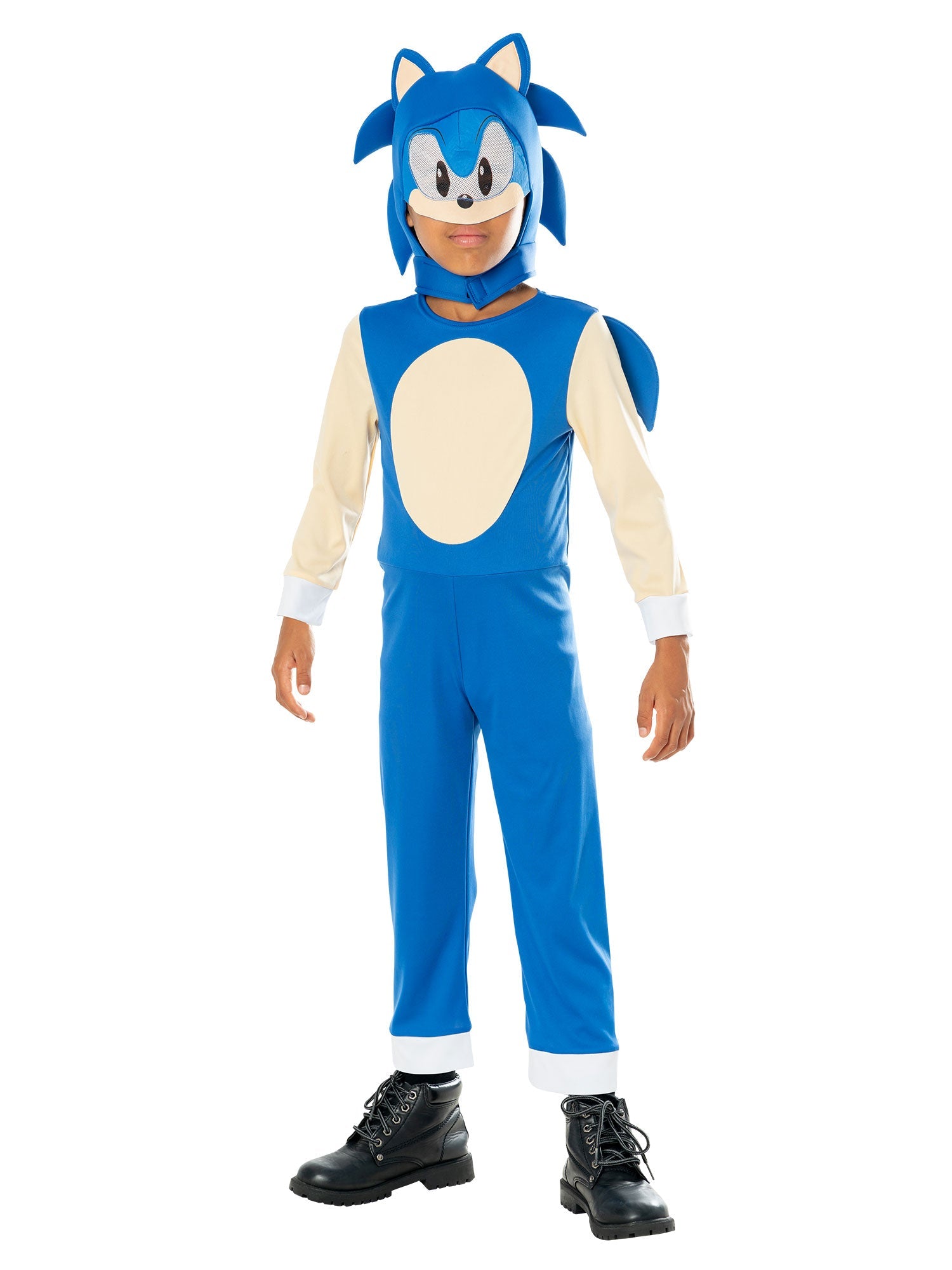 Child modeling an official Sonic The Hedgehog costume with a blue jumpsuit and quill headpiece.