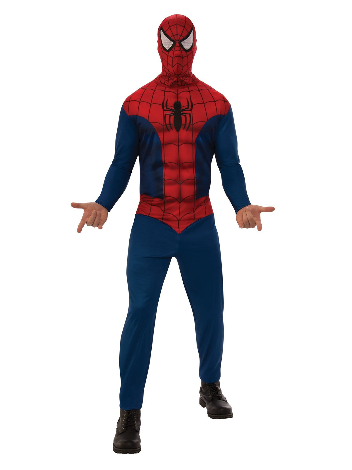Adult wearing officially licensed Marvel Spider-Man costume with red and blue printed jumpsuit featuring web pattern design and iconic black spider logo on chest, complete with full-face Spider-Man mask