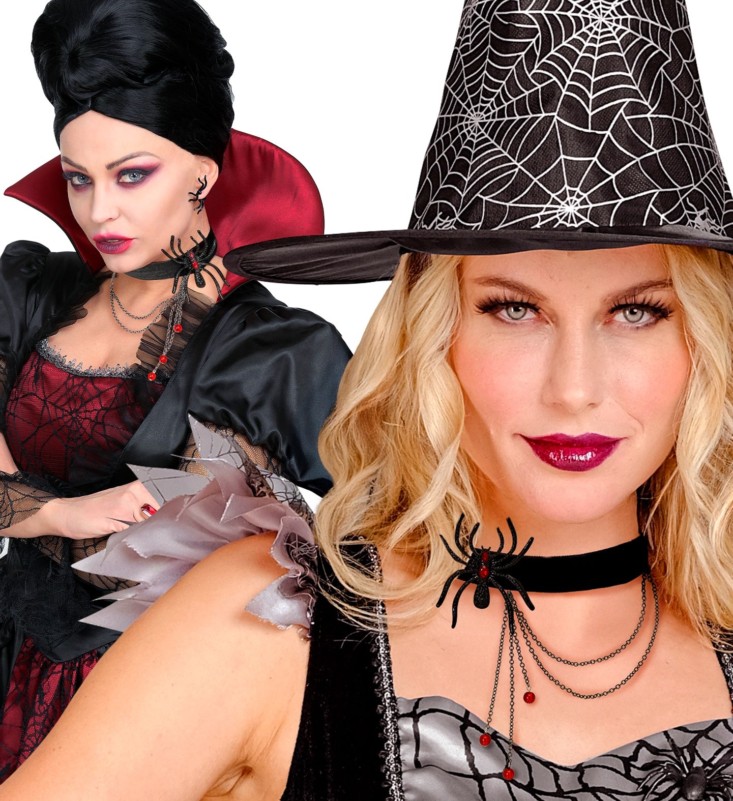 A collage of two women in costume modeling the gothic spider choker, one as a vampiress and one as a witch.