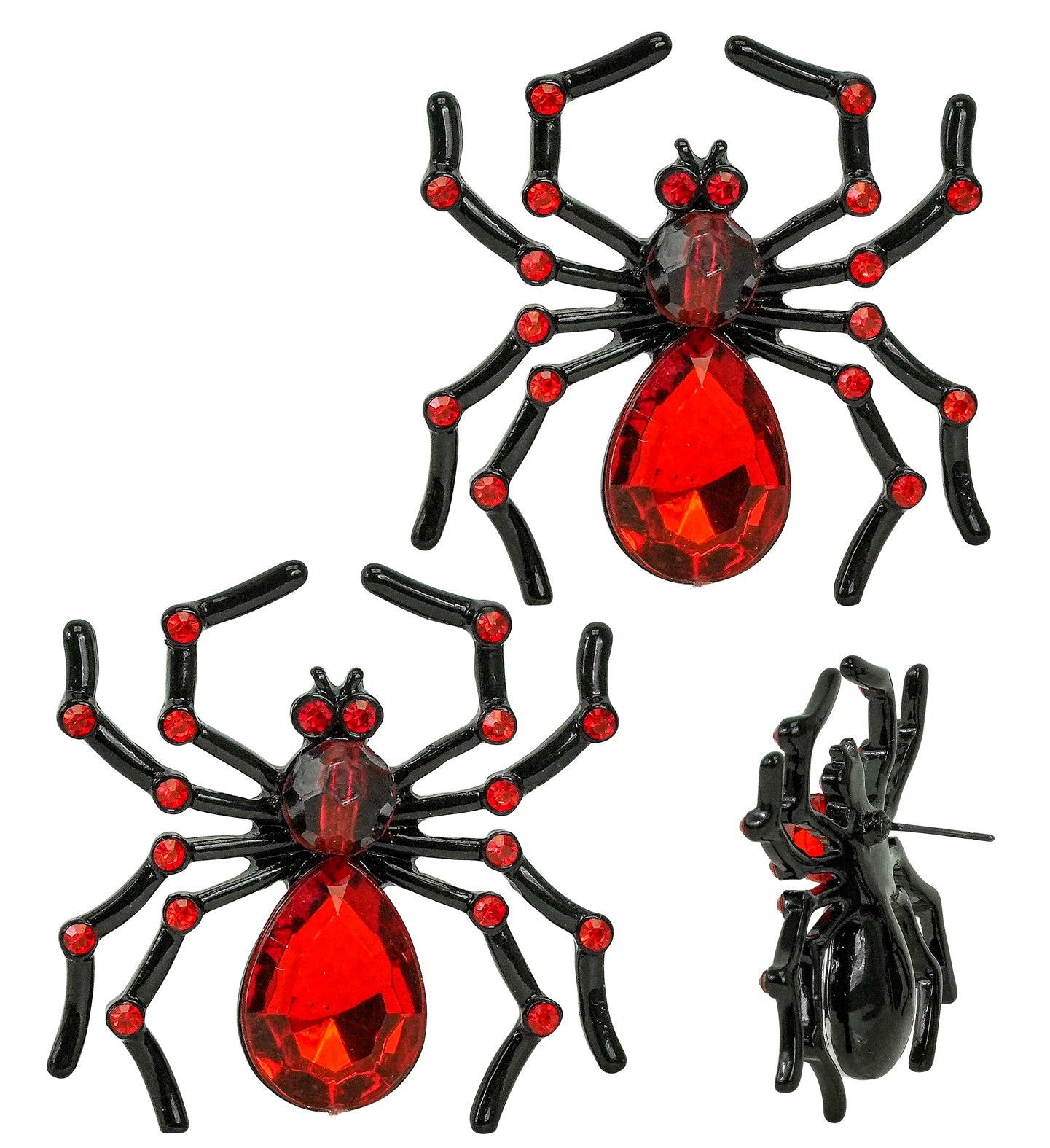 Three views of a large gothic spider earring with a black metal body, a large red gemstone abdomen, and smaller red rhinestones on the legs.
