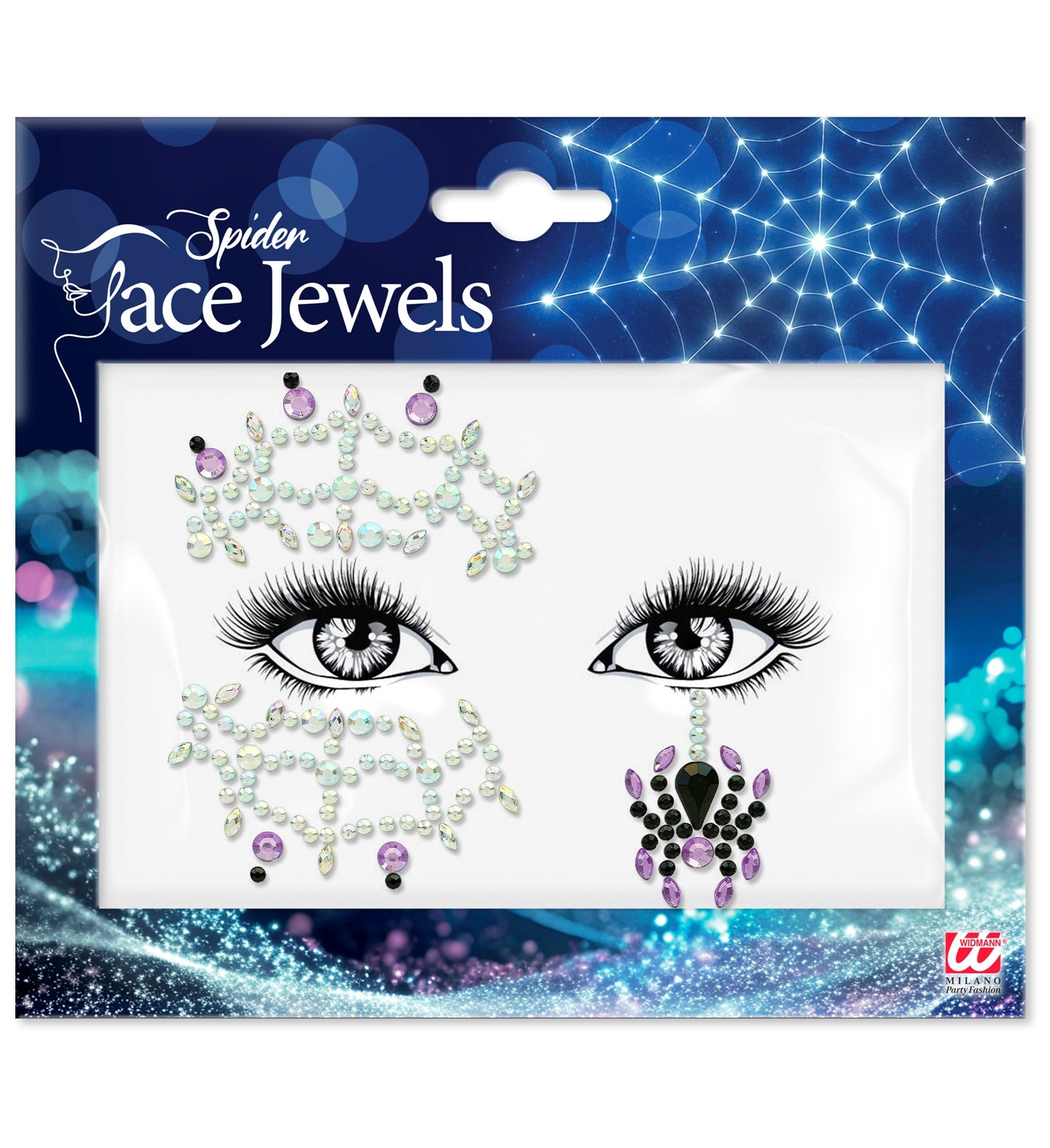 Packaged spider face jewels with spider design on a blue web background