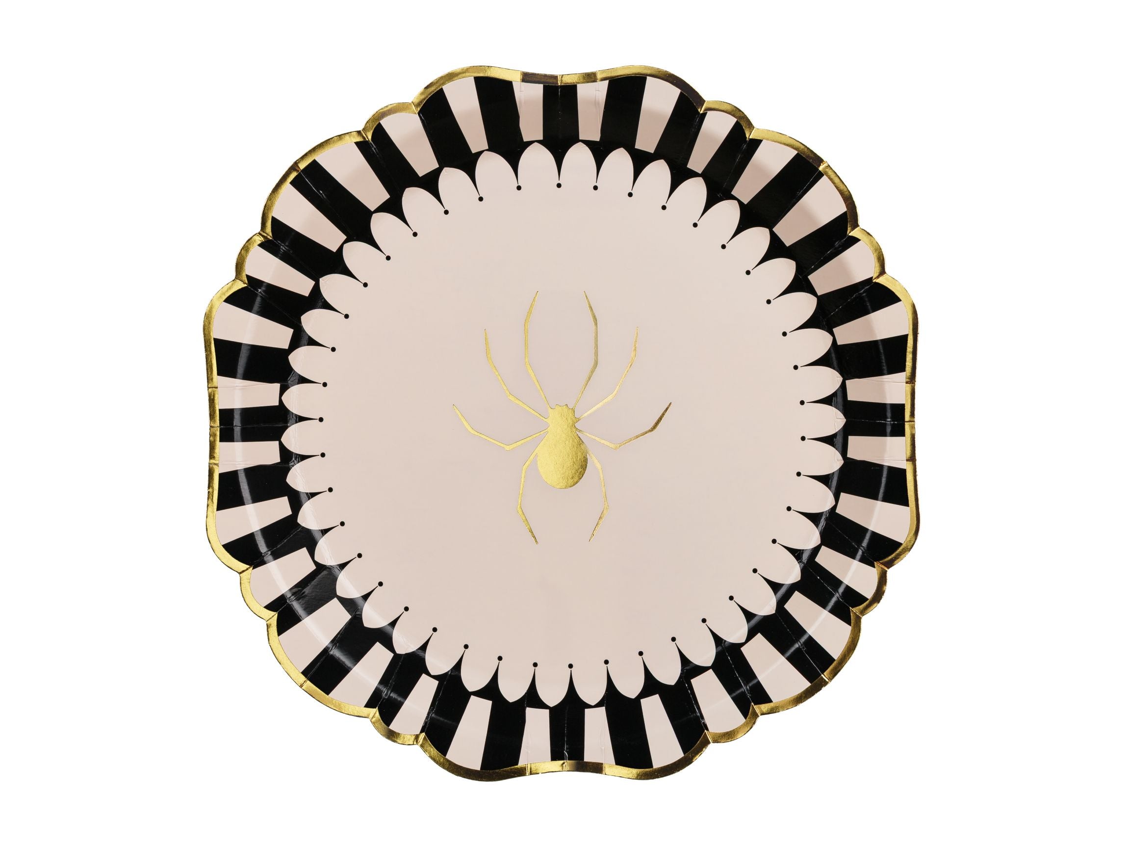 A single round paper plate with a pale center and a prominent gold spider illustration, surrounded by a black and white scalloped border and a thin gold rim, isolated on a white background.