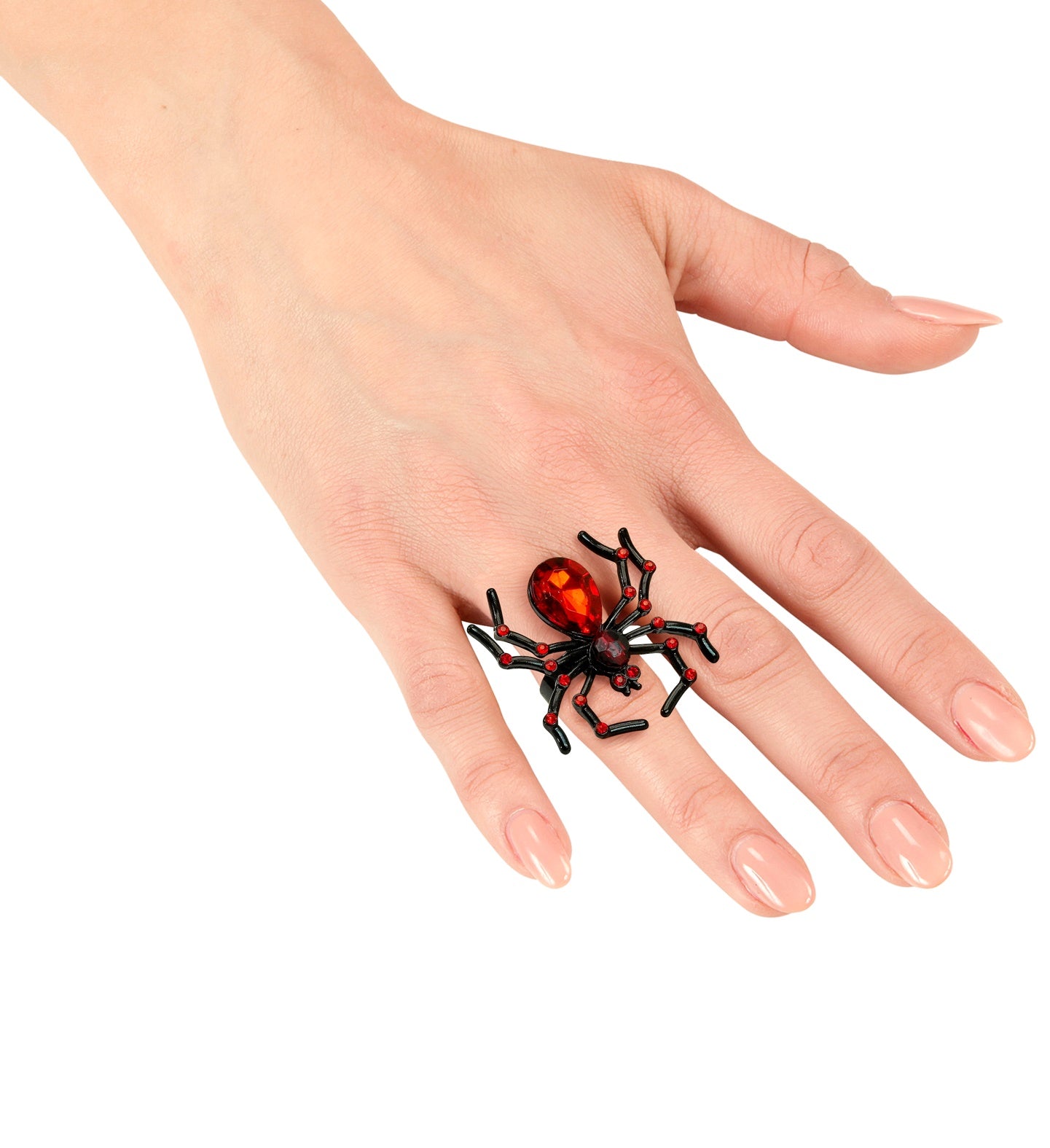 A woman's hand with manicured nails modeling the large, sparkling red and black gemstone spider ring.