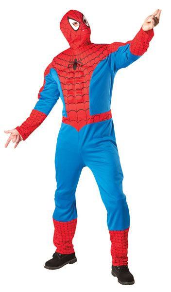 A man in a classic superhero pose wearing an officially licensed Spider-Man fancy dress costume, featuring a vibrant red and blue padded muscle chest jumpsuit with a black spider logo and a matching red fabric mask.