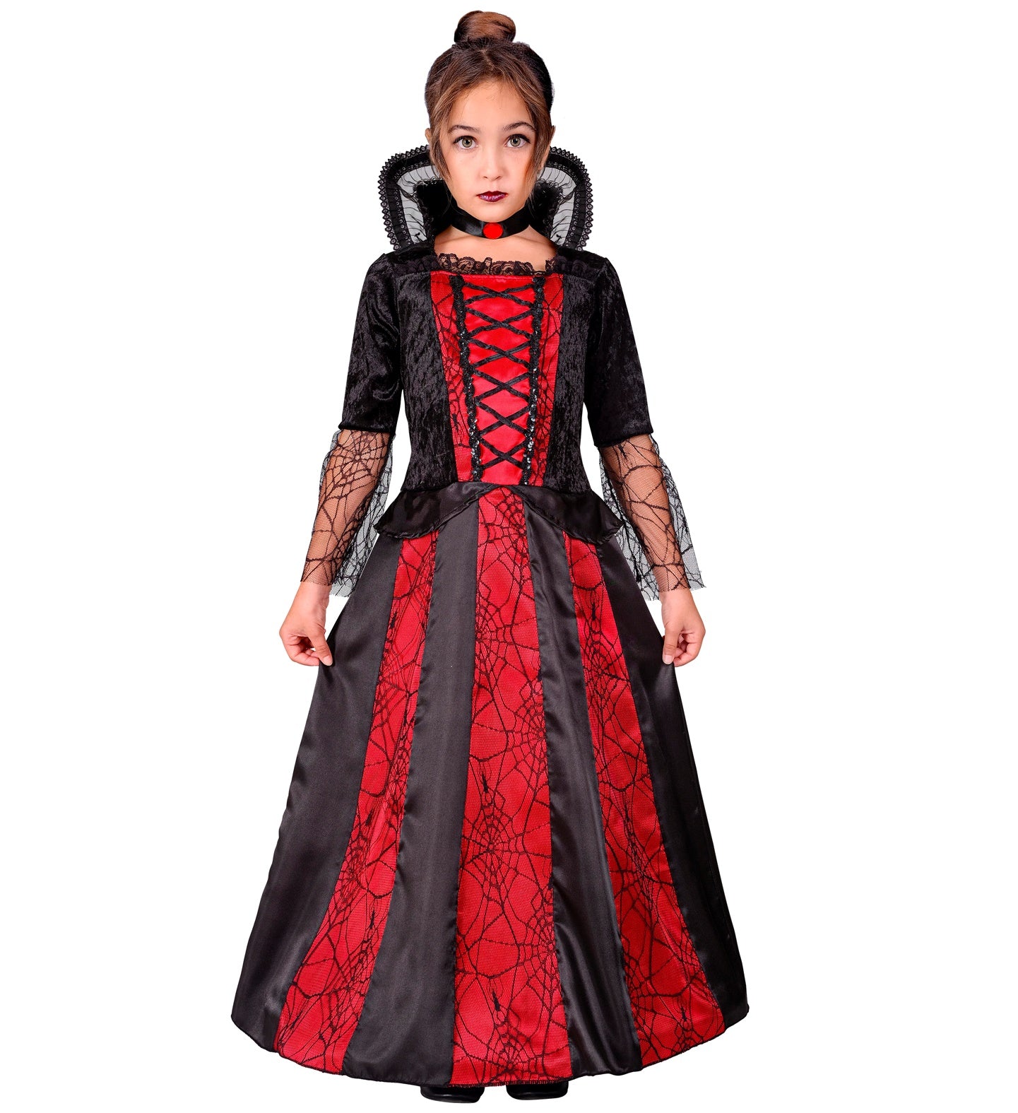 A child in a spider vampiress costume, standing with hands on hips. The costume is a full-length dress with black velvet bodice, black and red spiderweb-patterned skirt, black collar, and black spiderweb-patterned sleeves.