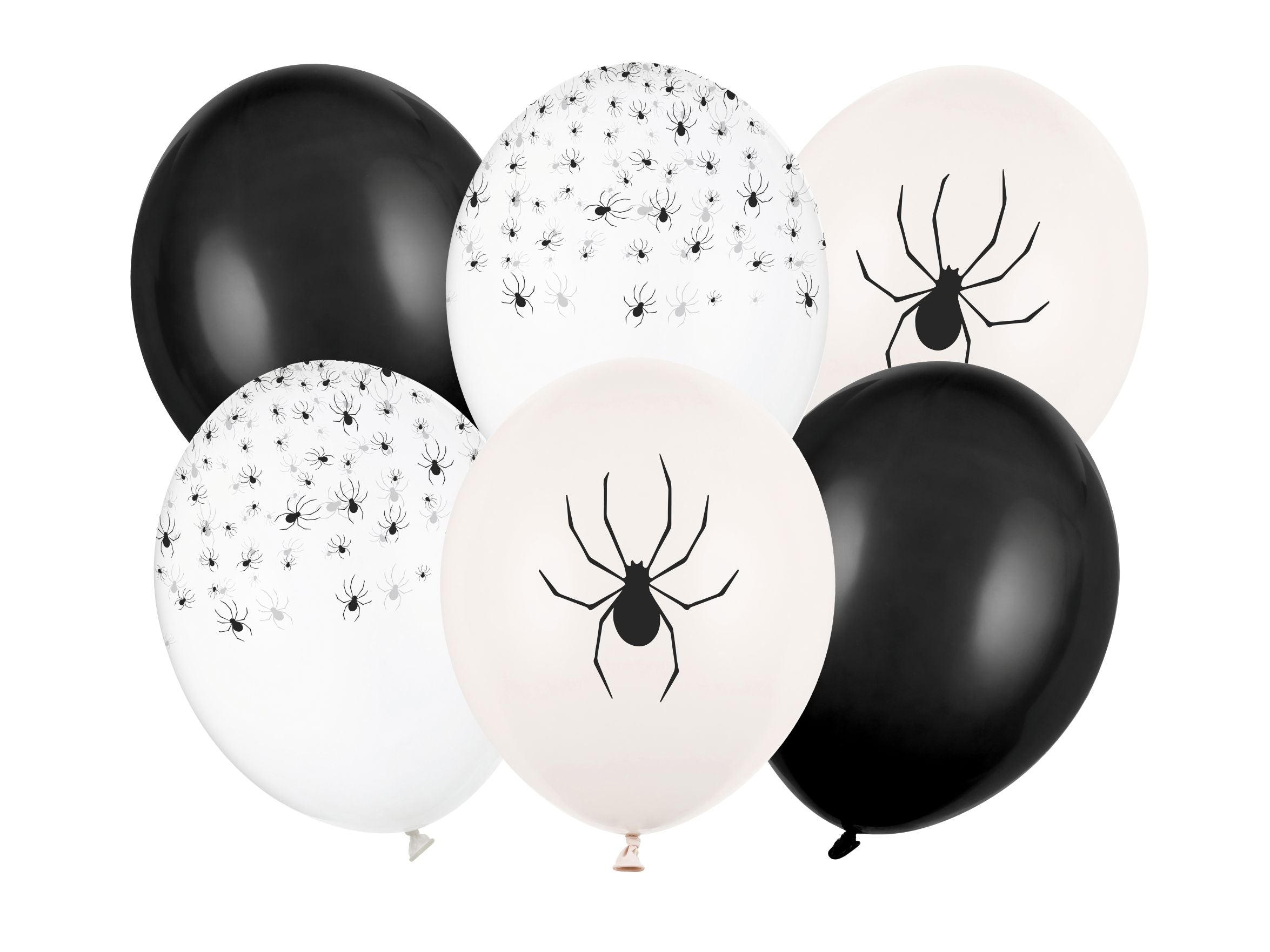 A pack of six assorted latex balloons for Halloween. The set includes solid black balloons, off-white balloons with a large black spider print, and clear balloons with small black spider confetti, arranged together on a white background.