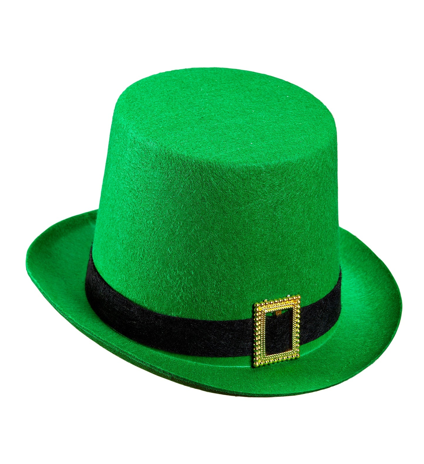 Detailed shot of a green felt leprechaun top hat with a gold buckled band against a white background.