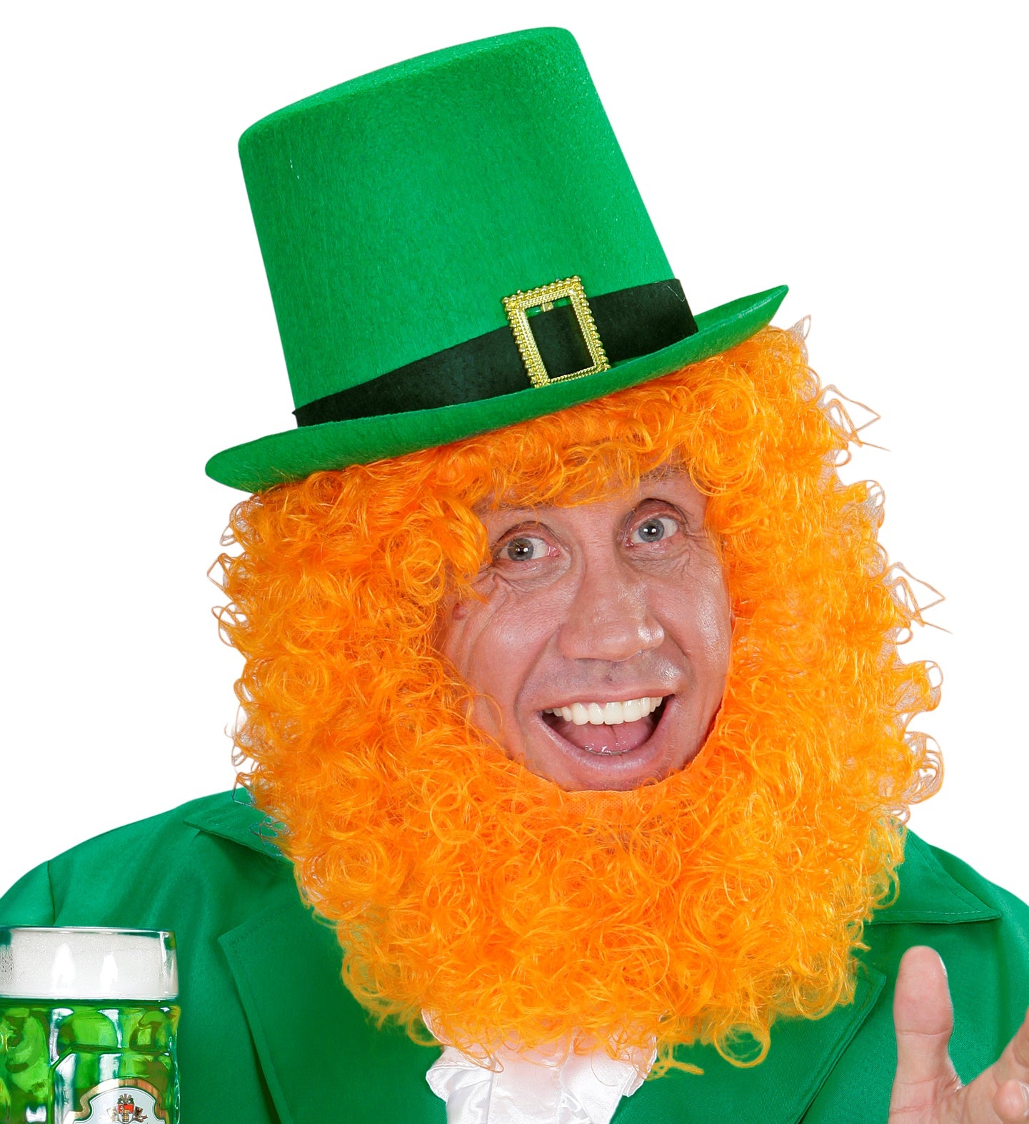 Man wearing a St Patrick's Day top hat with a bright orange leprechaun beard, celebrating with a festive drink.