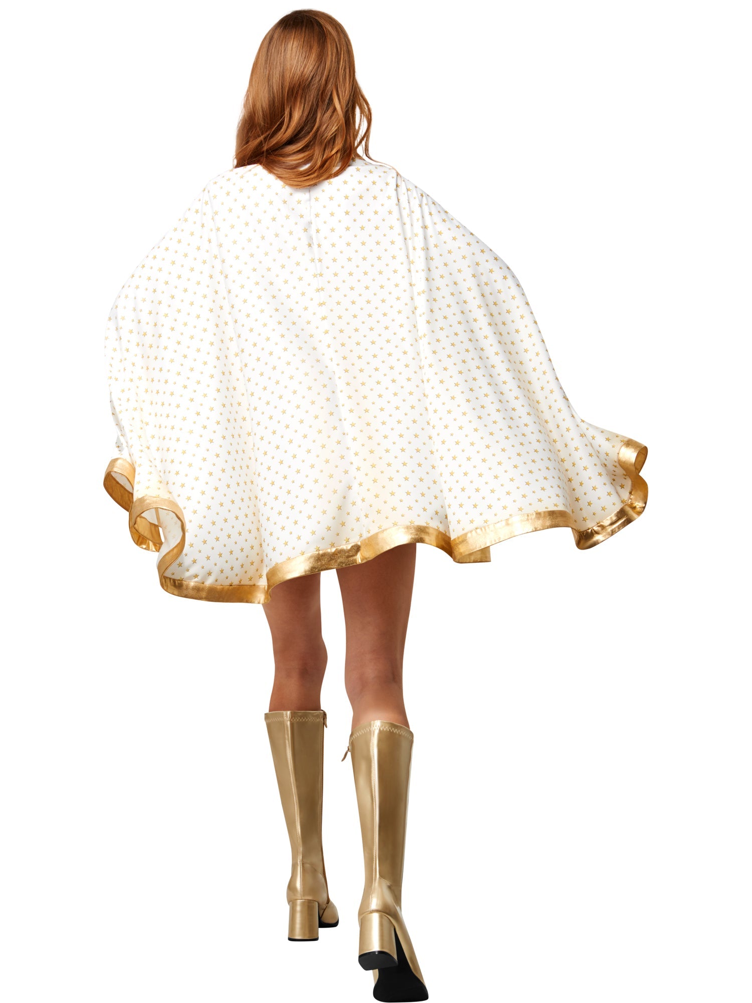 Back view of a woman in a Starlight costume, showing the full, flowing white cape with its gold star pattern and trim.