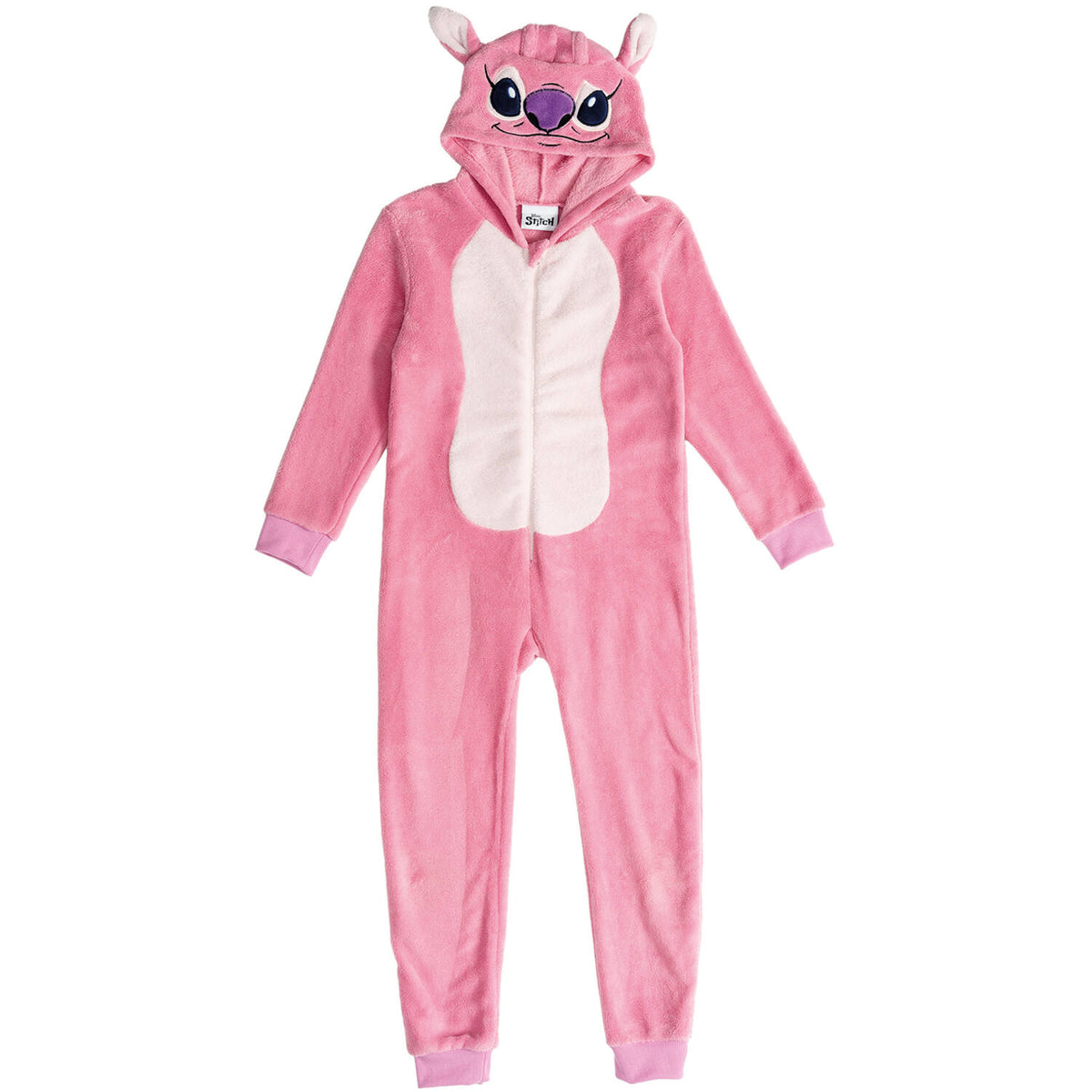 A children's Stitch Angel fluffy pink onesie with a white belly and a character hood, laid flat against a white background.   