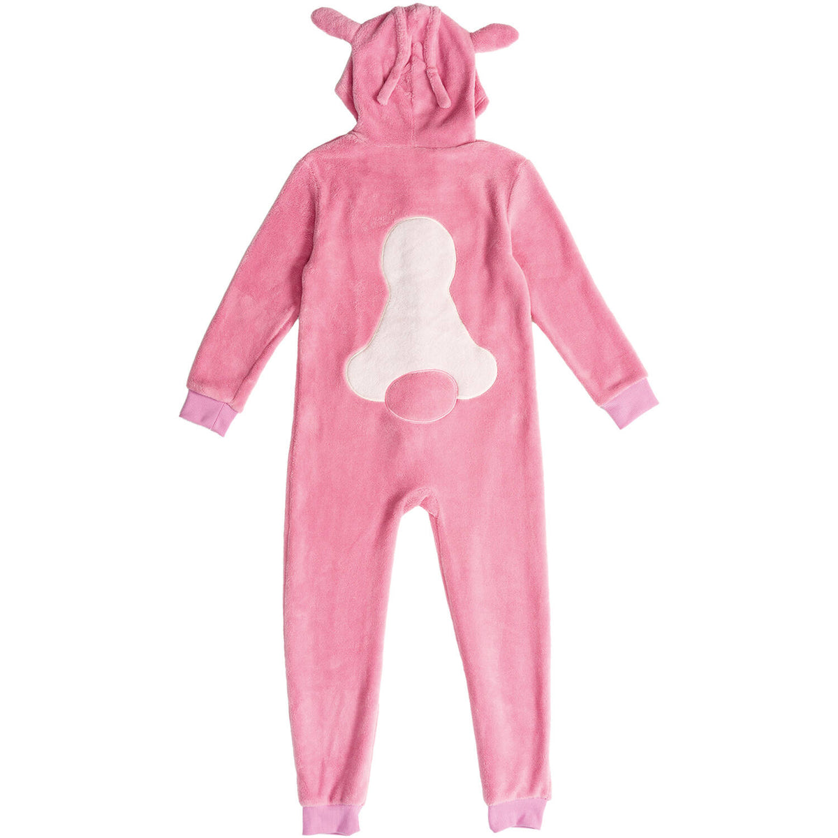 Back view of a pink children's stitch Angel onesie showing a light pink patch on the lower back and a hood with ears.