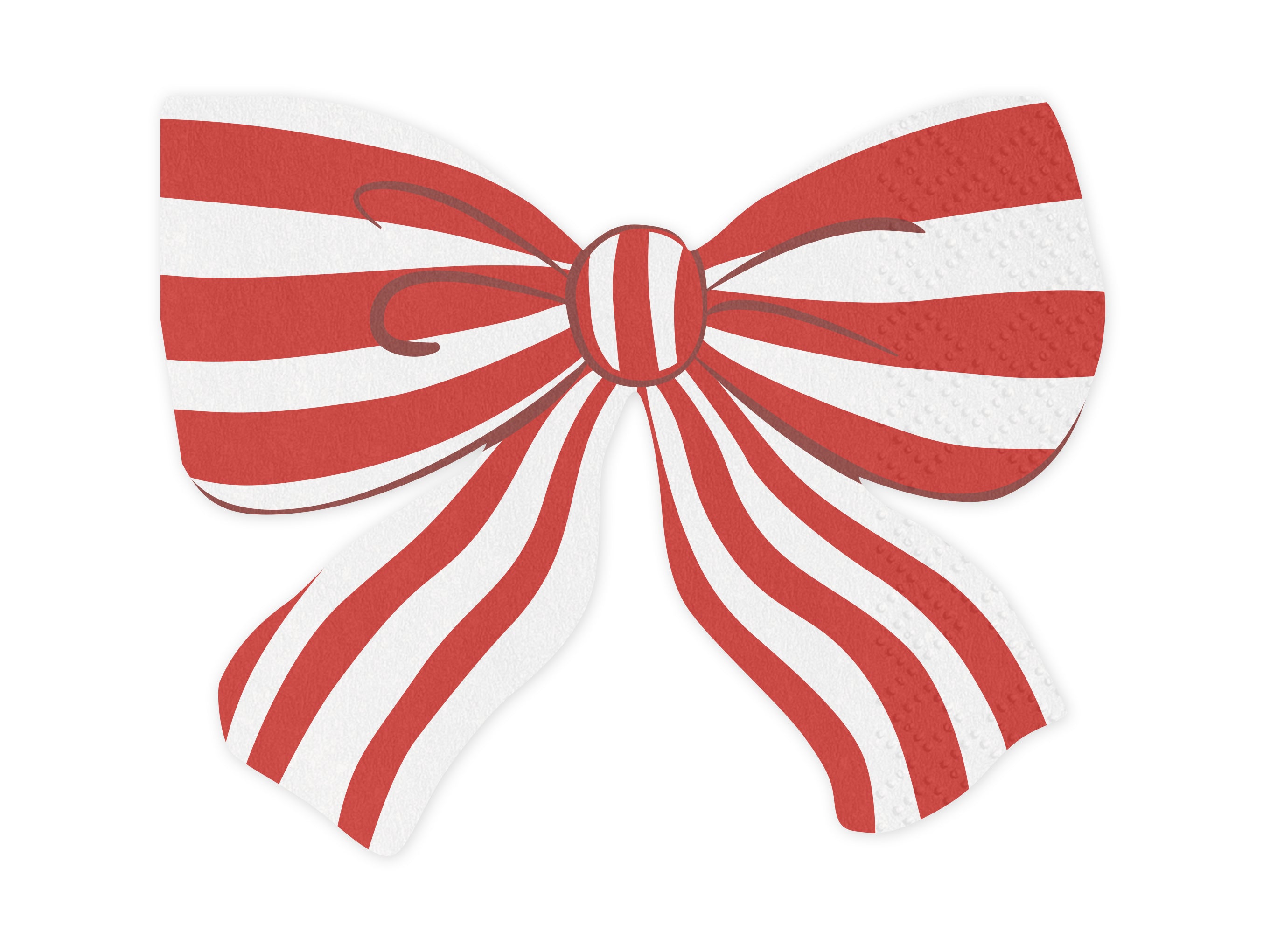 A die-cut paper napkin shaped like a red and white striped Christmas bow.