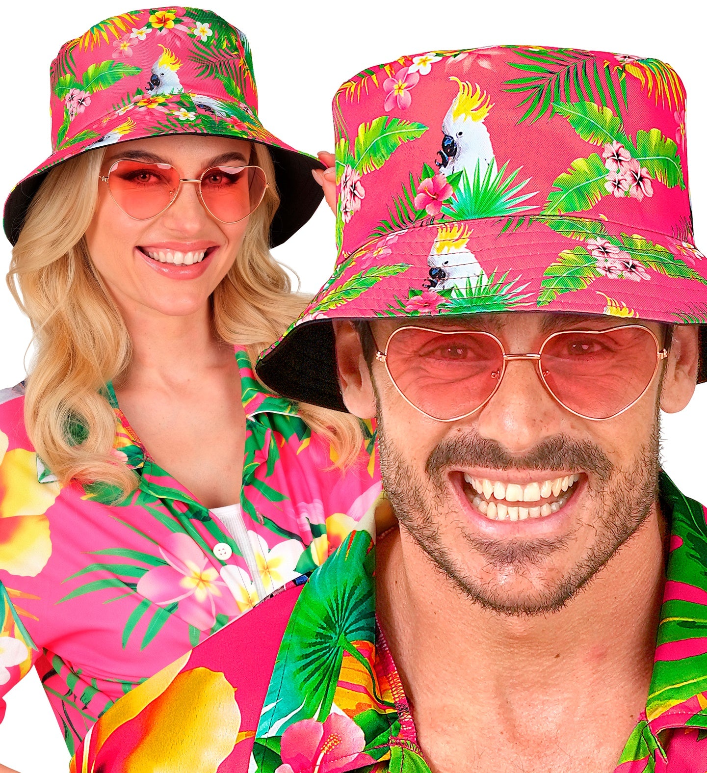 2 people wearing a neon pink tropical bucket hat with cockatoo and palm leaf prints, styled with pink heart-shaped sunglasses and a matching Hawaiian shirt.