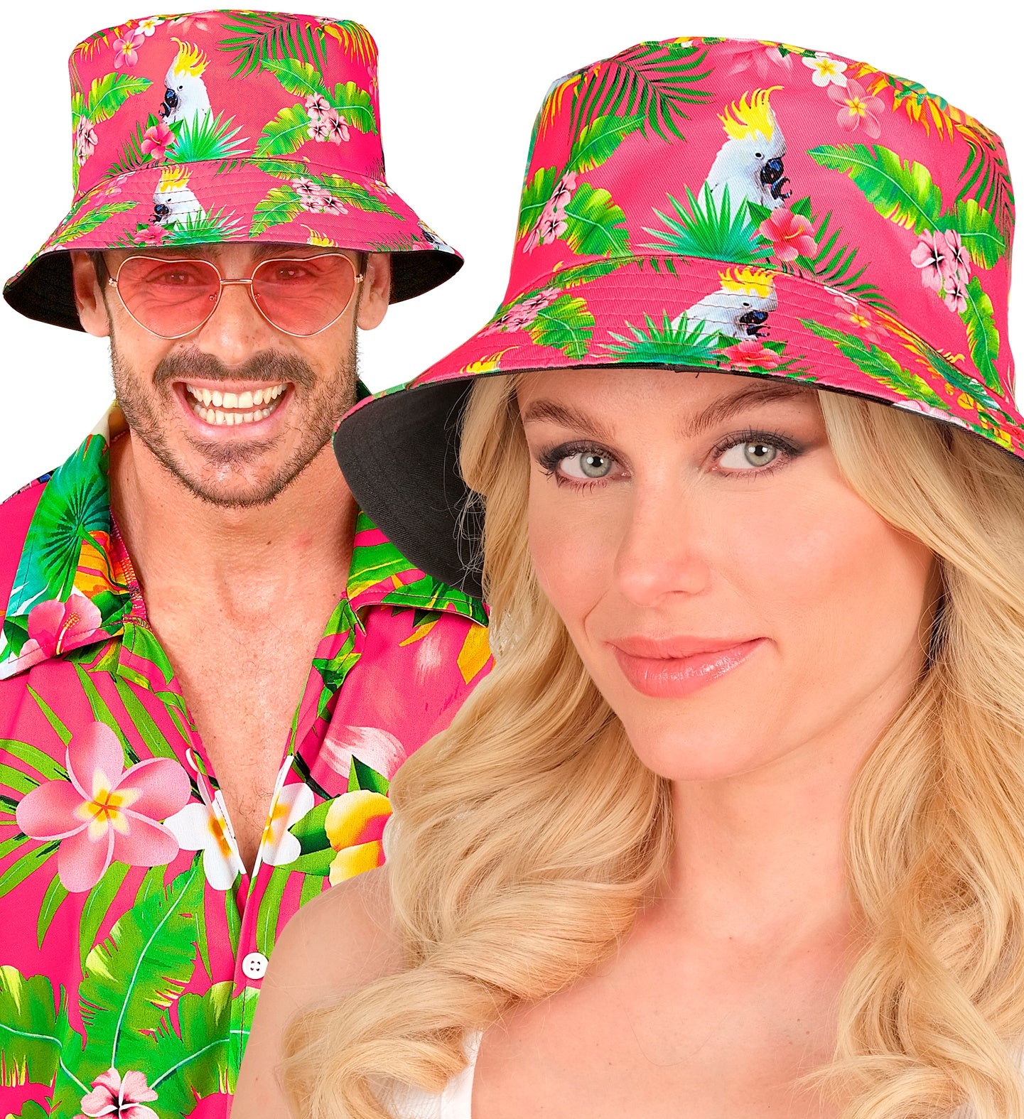 A woman and man smiling in a vibrant neon pink Hawaiian bucket hat, showcasing the high-impact tropical bird and flower pattern.