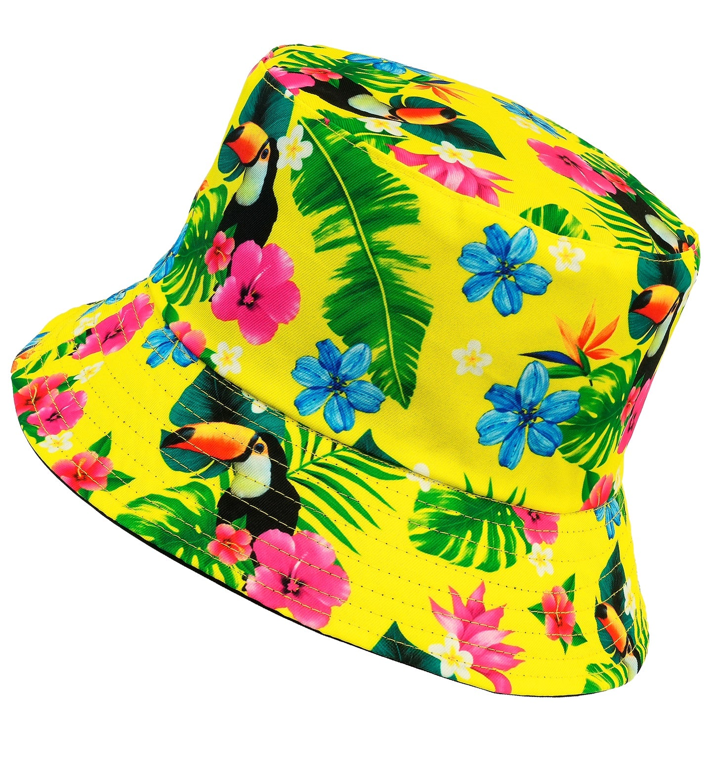 Side view of the Neon Yellow Summer Party Bucket Hat against a white background, highlighting the detailed toucan print and stitched brim.