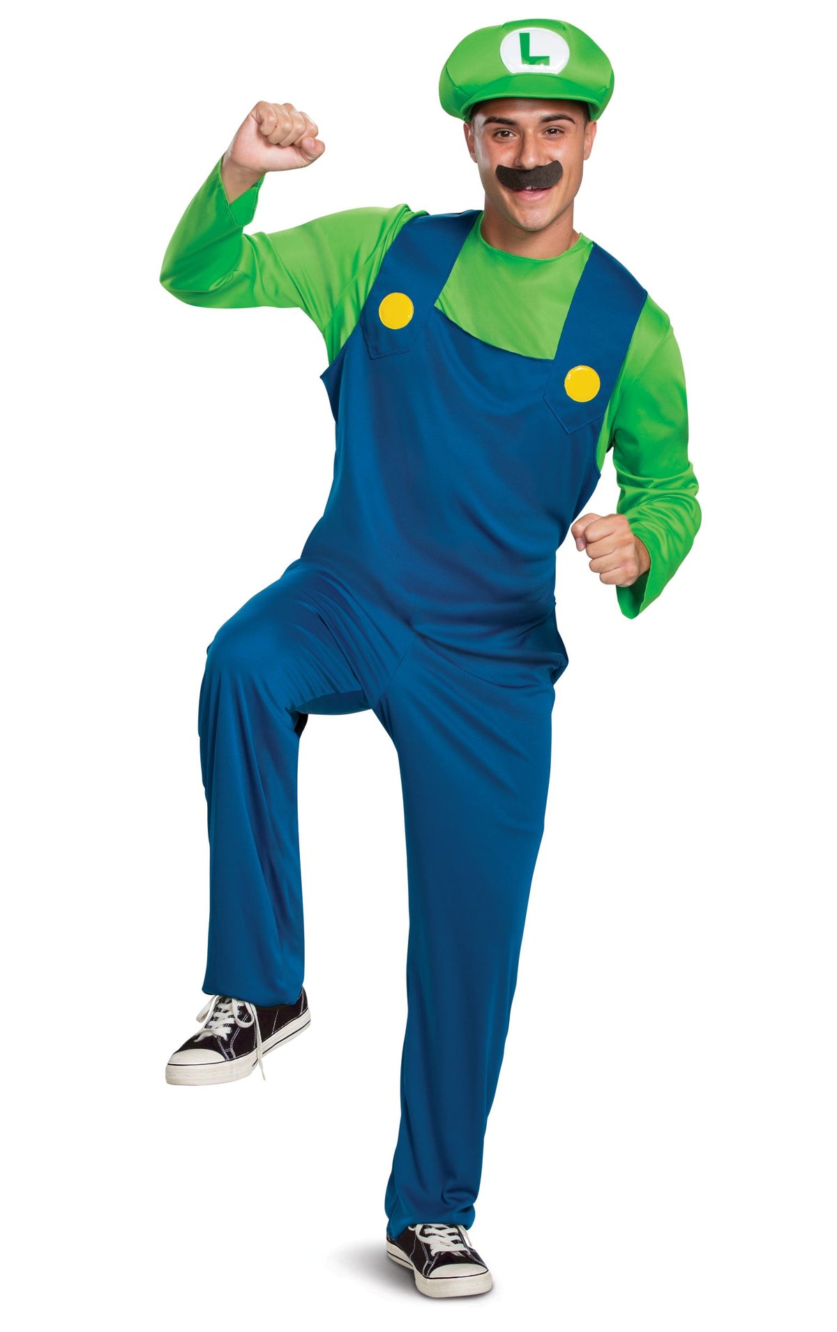 A smiling man posing mid-jump wearing an officially licensed adult Luigi costume, featuring an all-in-one blue overalls and green shirt jumpsuit, a green 'L' logo hat, and a thick black fake moustache.