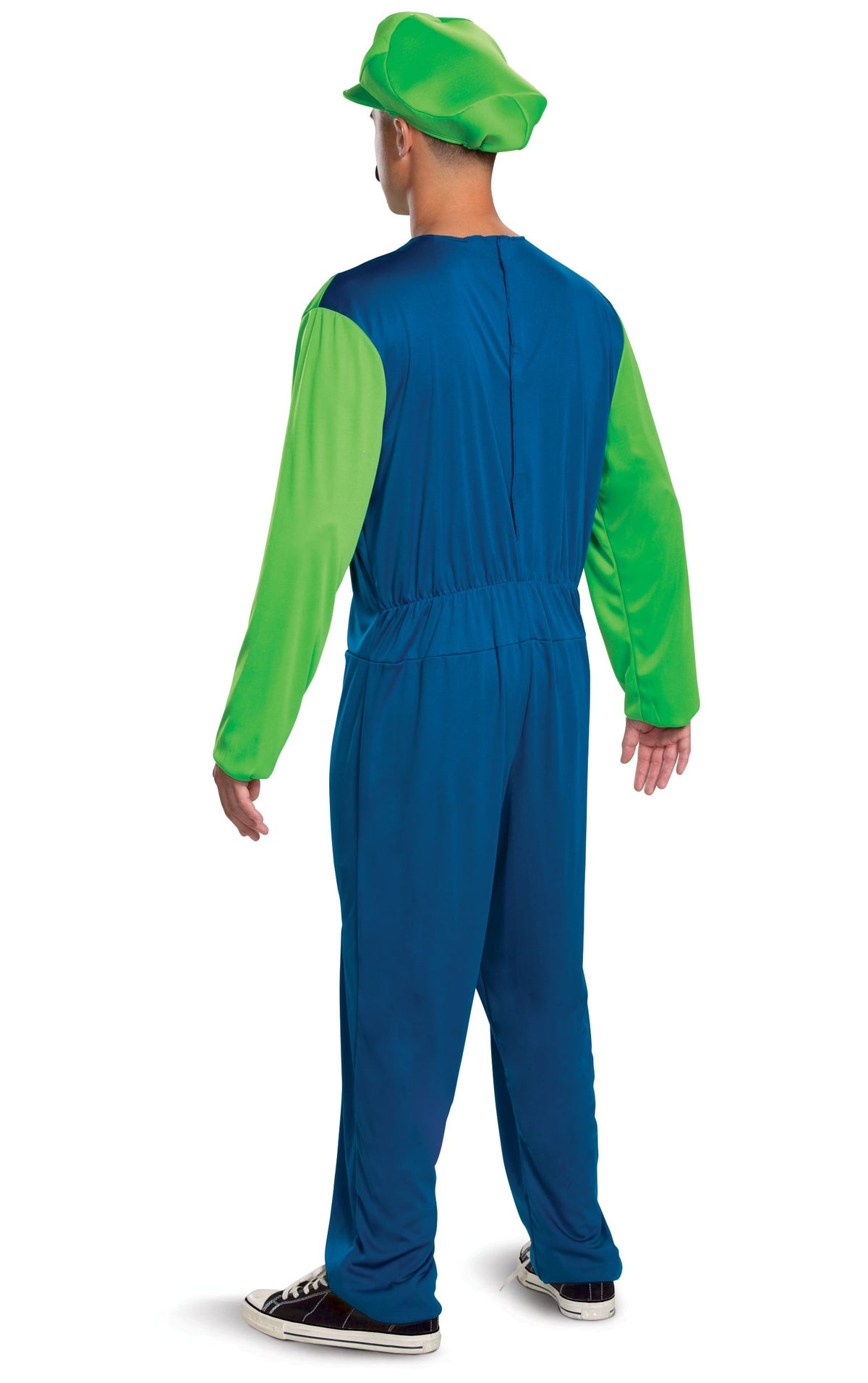 The back view of an adult wearing the Luigi fancy dress costume, showing the green hat and the all-in-one blue and green jumpsuit featuring a vertical back closure.