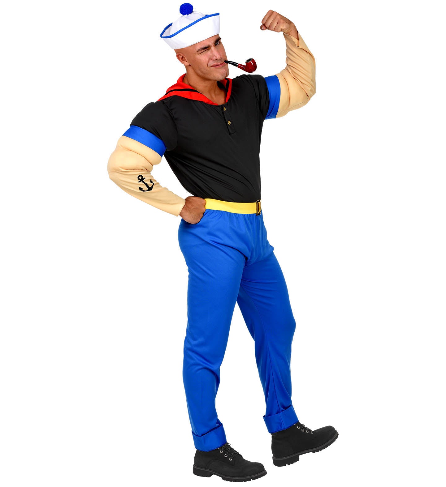 Man in the Popeye style Super Sailor costume winking and flexing, showing the side view of the outfit and anchor tattoo detail.