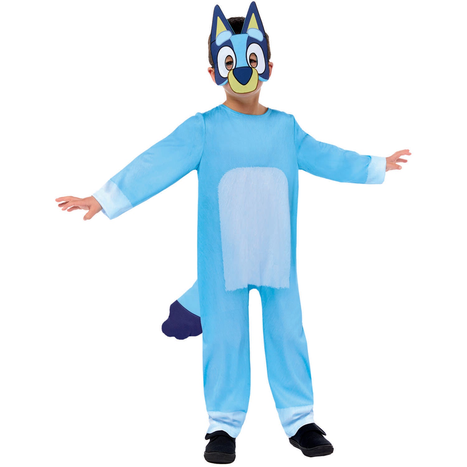A child standing with arms playfully outstretched, wearing a light blue sustainable Bluey fancy dress jumpsuit featuring a paler blue tummy patch, an attached dark blue tail, and a Bluey character face mask.