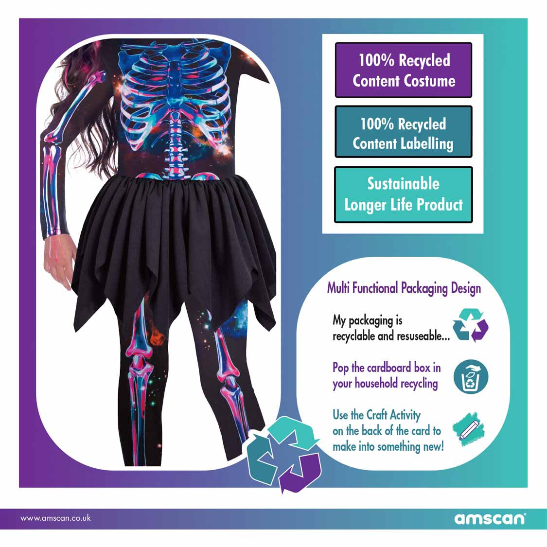 A photo of a child in a sustainable skeleton costume on the left, with a graphic on the right highlighting its features: made with 100% recycled content, machine washable, and full sub printed design.