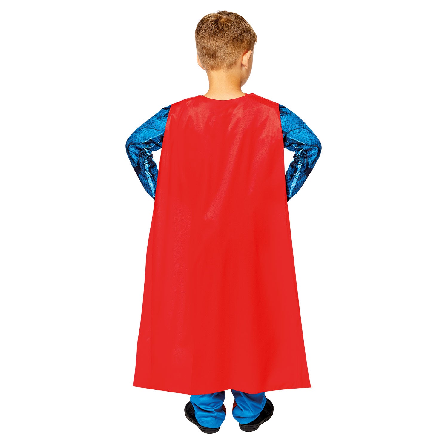 Back view of a child's Superman costume, showing the full length of the classic red cape.
