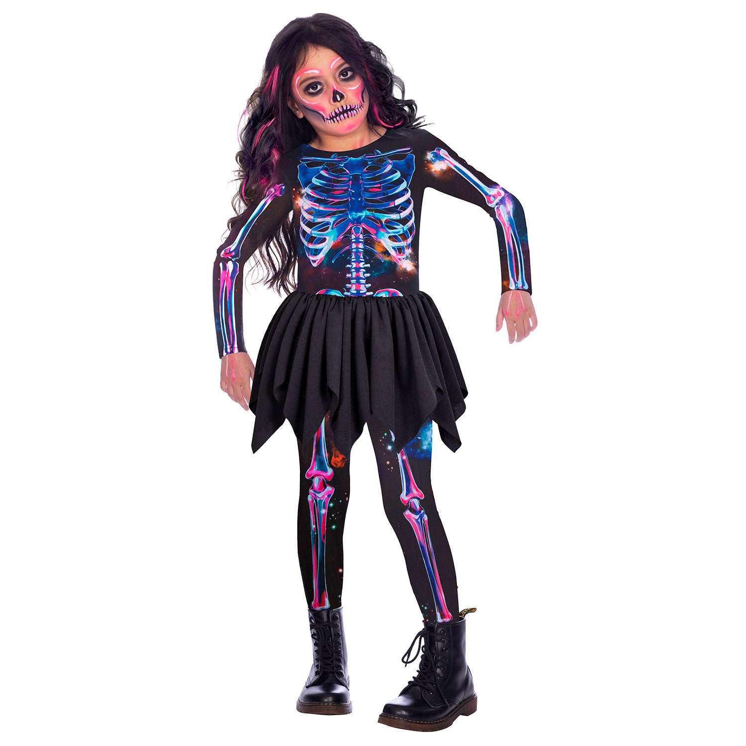 A child in a sustainable skeleton costume consisting of a printed jumpsuit with a colorful cosmic/galaxy skeleton design and an attached black tiered skirt, posing on a white background.
