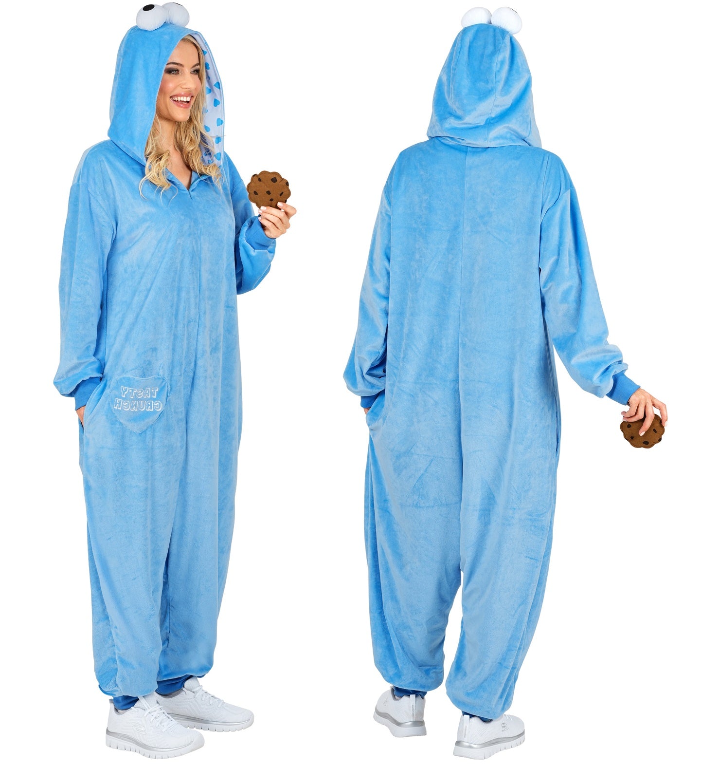 Person wearing a blue onesie with a hood, holding a cookie, on a white background