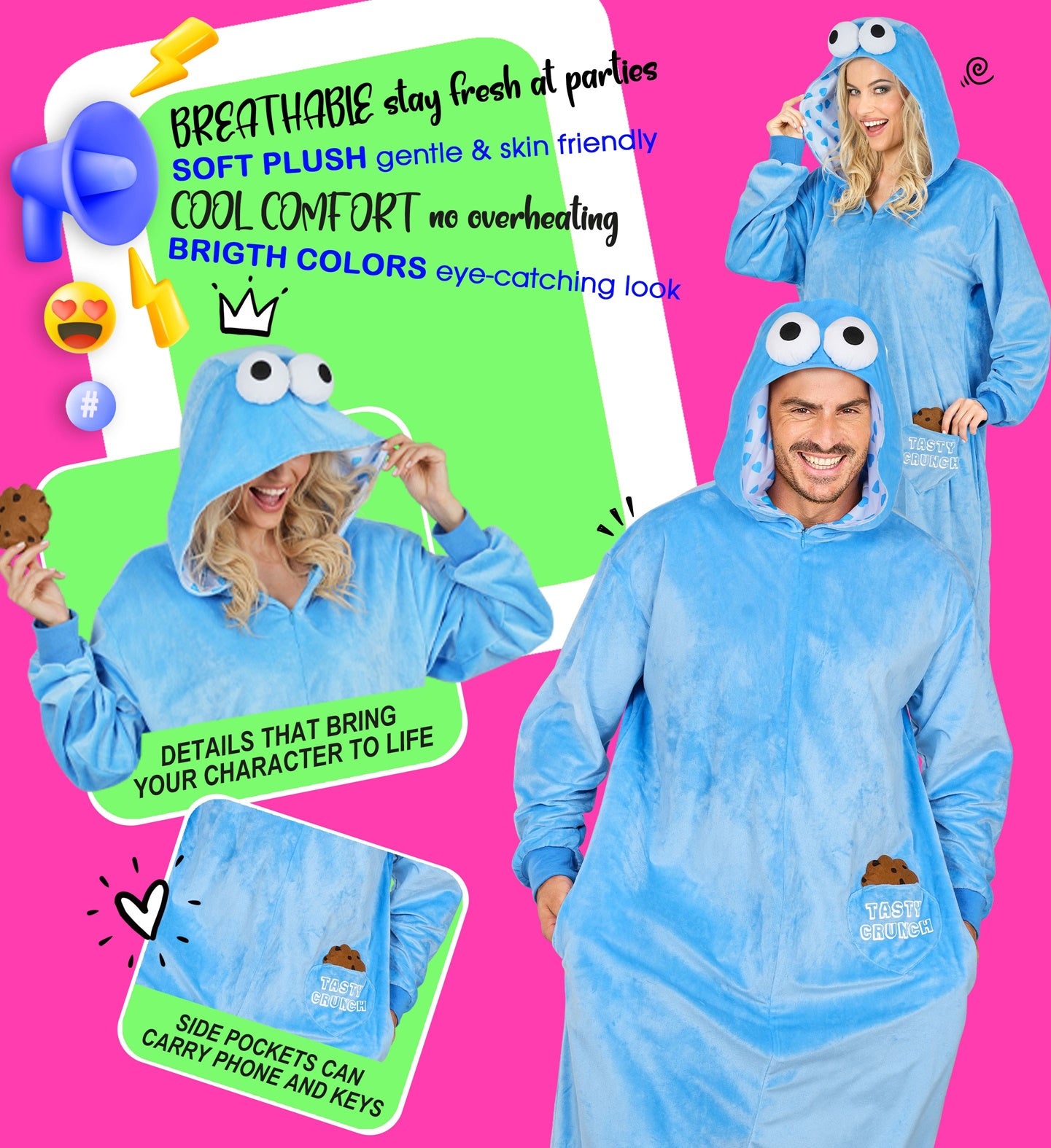 A collage showing the soft blue plush monster onesie, highlighting features like breathable fabric, cool comfort, and side pockets.