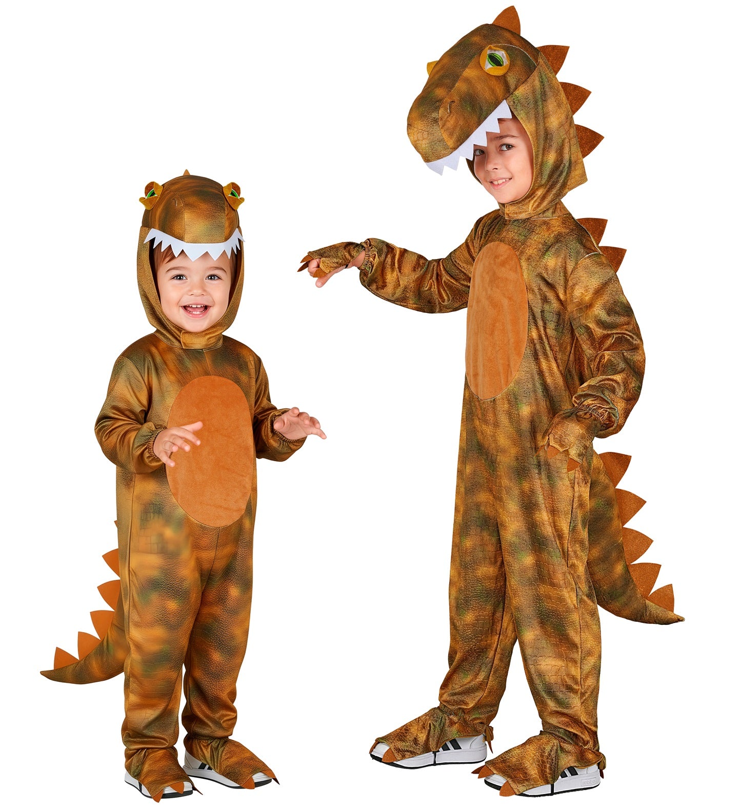 Two children of different ages standing side-by-side, both happily modeling the detailed brown and green T-Rex dinosaur jumpsuits with matching headpieces.