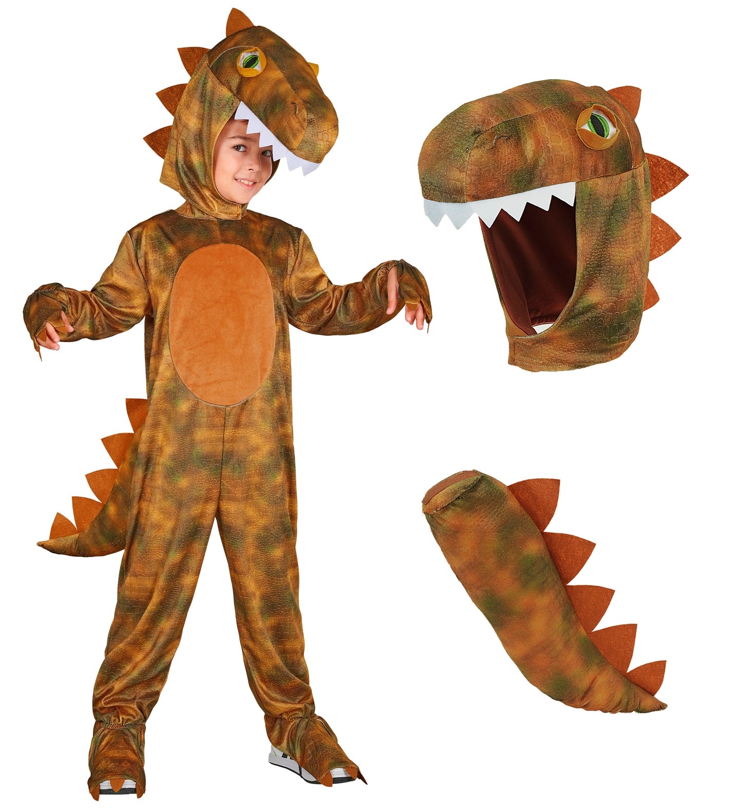 A child smiling and wearing a brown and green T-Rex dinosaur costume, shown alongside isolated graphics of the matching dinosaur headpiece with felt teeth and the detachable padded spiked tail.