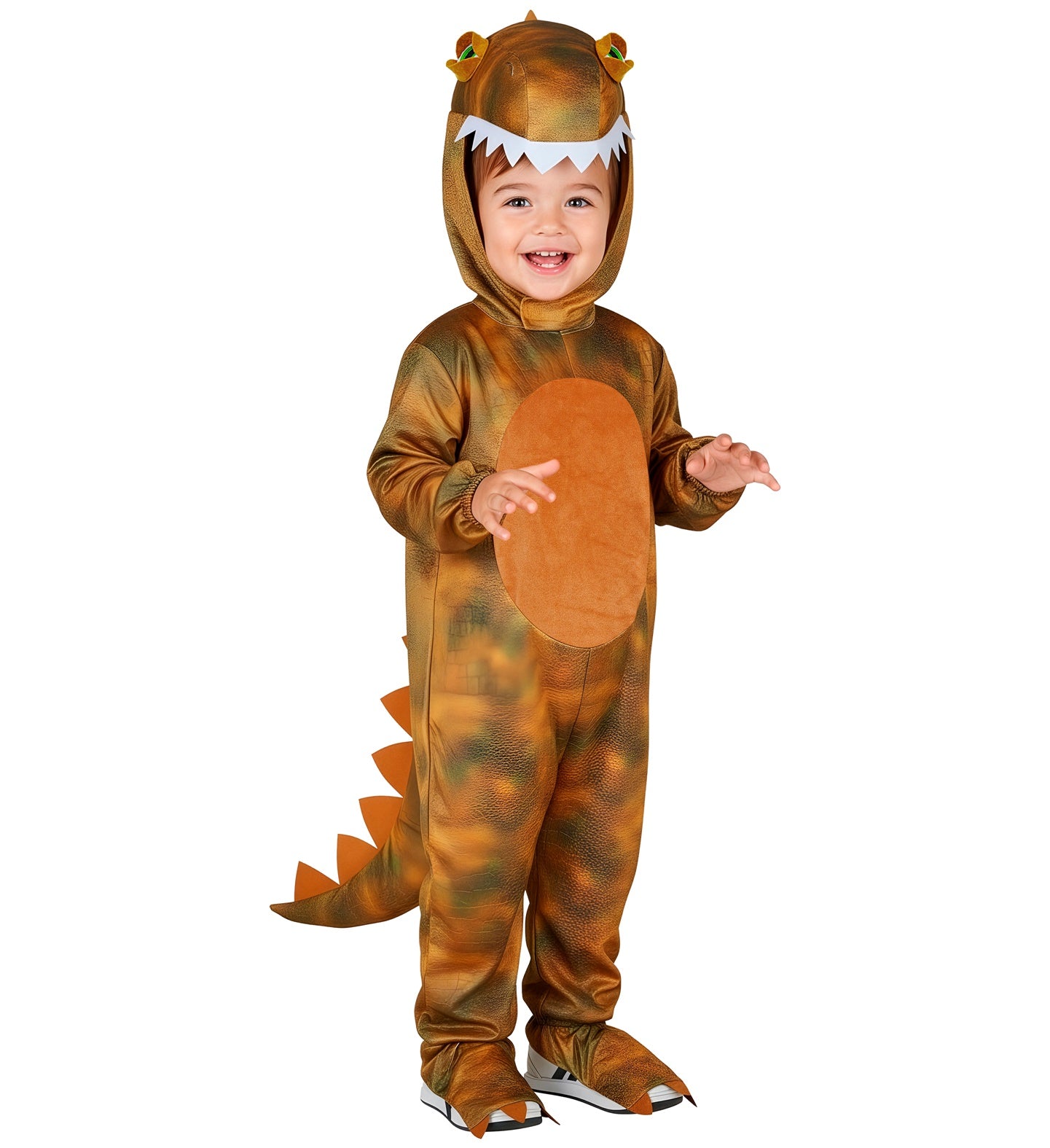 A smiling toddler wearing a soft, realistic T-Rex dinosaur jumpsuit featuring a lighter brown belly, attached hand covers, and a matching dinosaur headpiece.