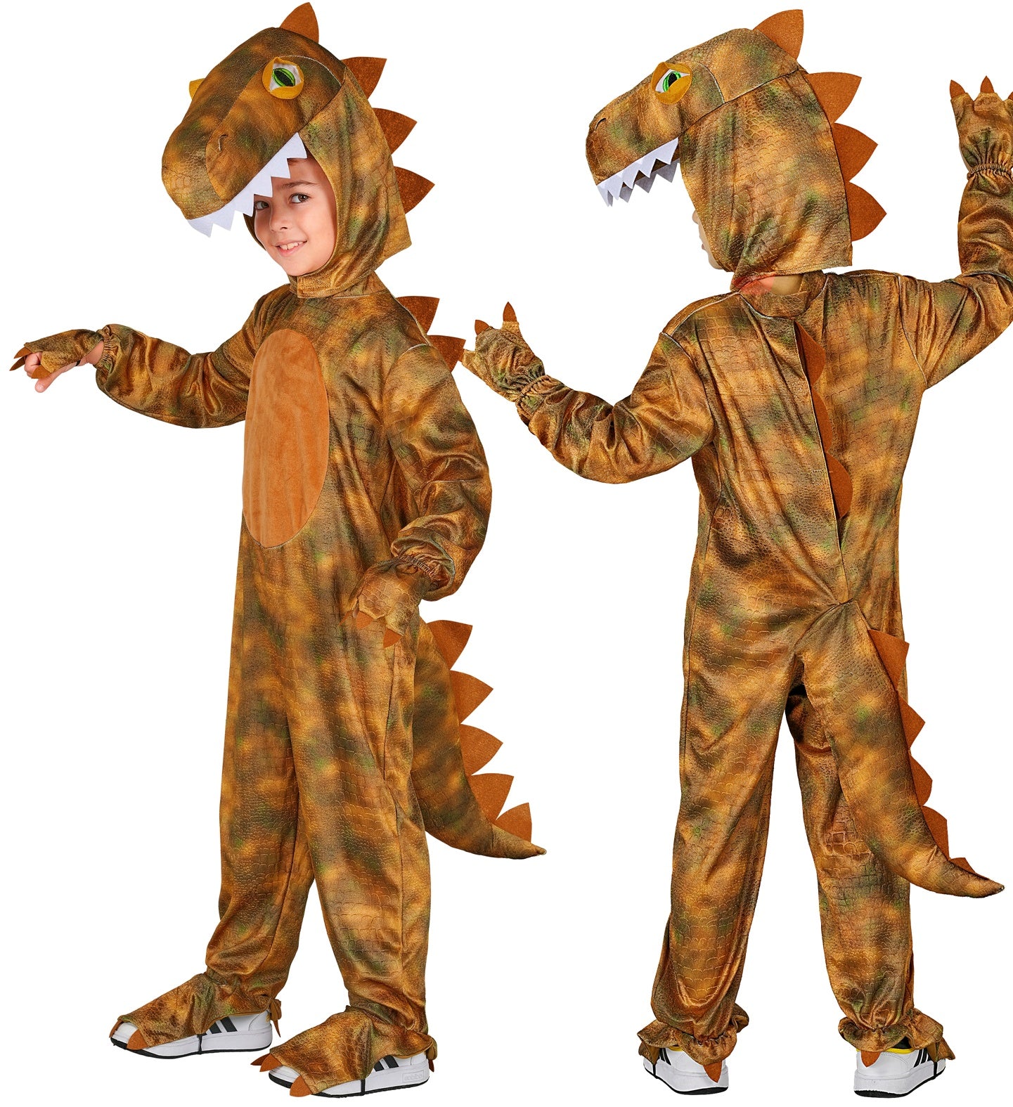 Two views of a child wearing a T-Rex costume; the front view shows the detailed scale print and headpiece, while the back view highlights the velcro closure and the attached spiked tail.