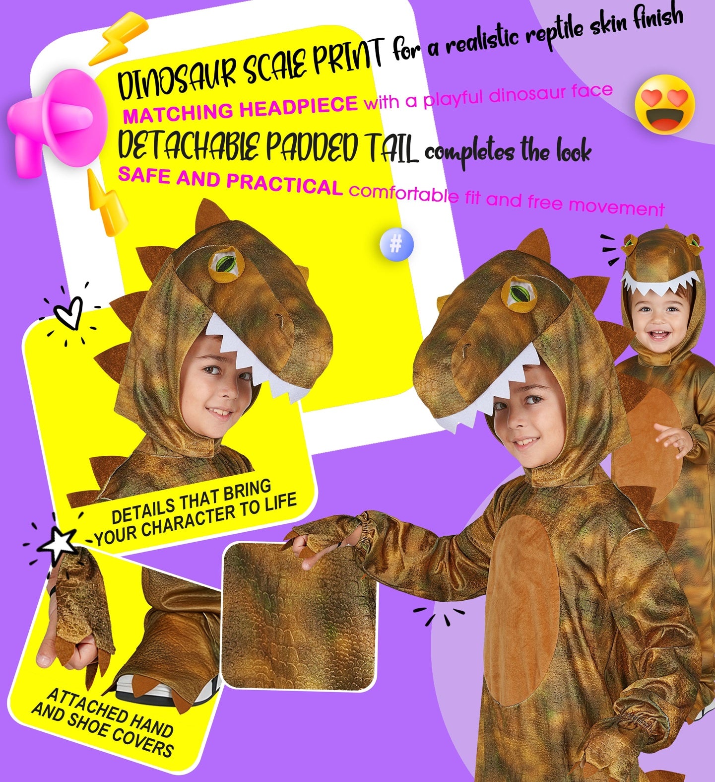 A playful infographic highlighting the features of the kids T-Rex costume, pointing out the dinosaur scale print, matching headpiece, detachable padded tail, and attached hand and shoe covers.