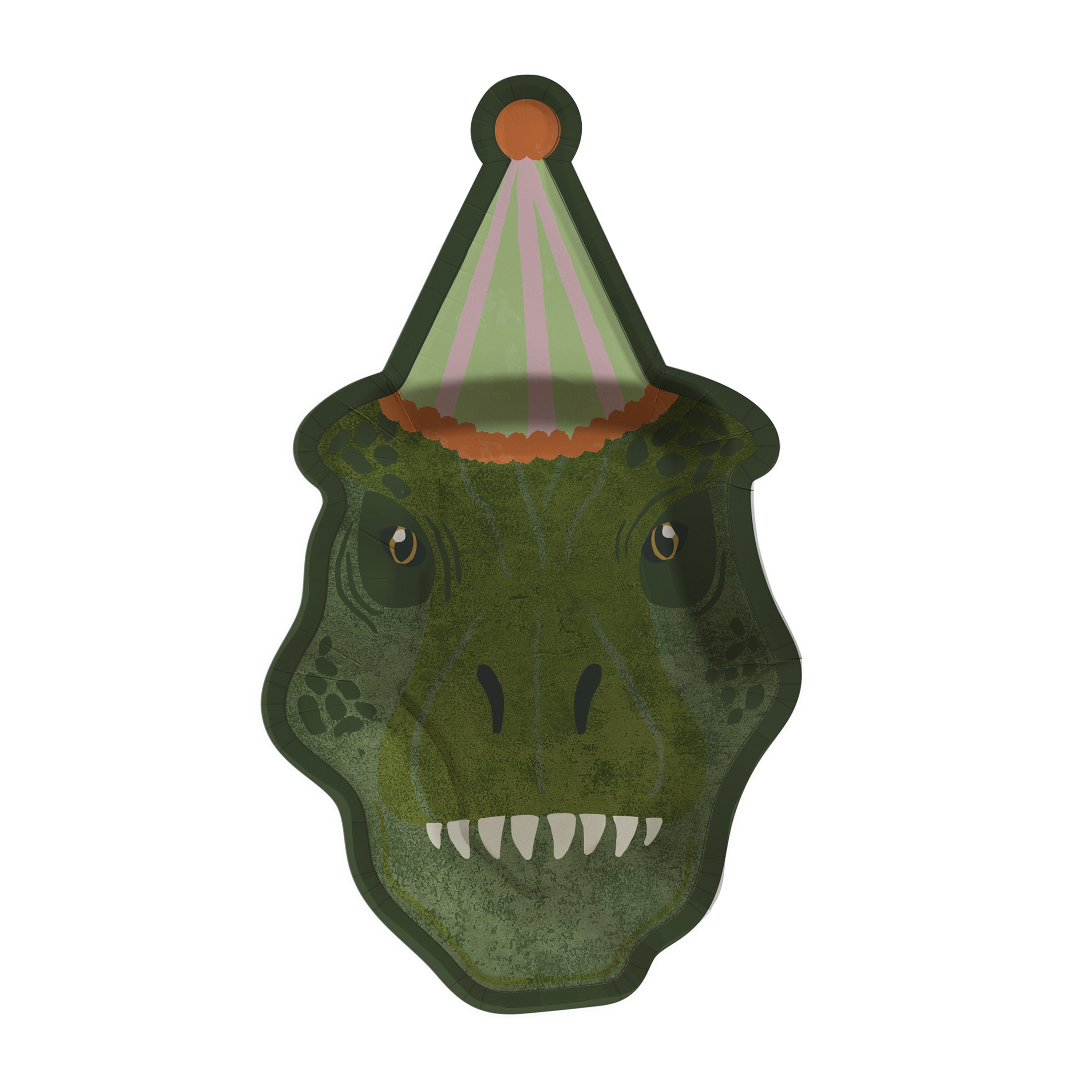T-Rex shaped paper plate for a dinosaur party, featuring a green dinosaur head wearing a pink and green striped party hat.
