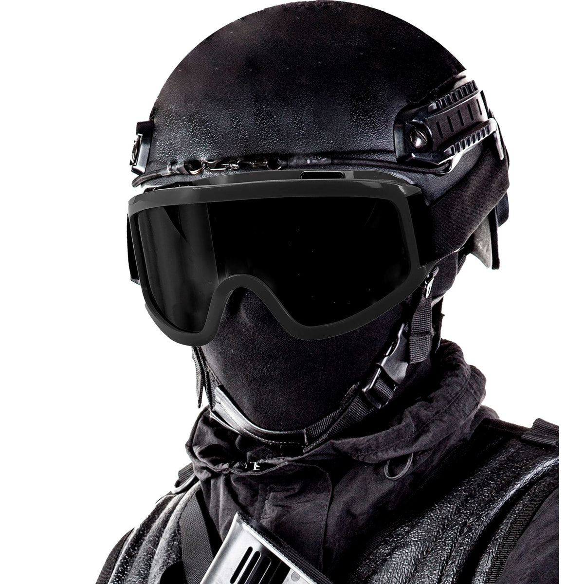Person wearing a black helmet and tactical goggles with a white background