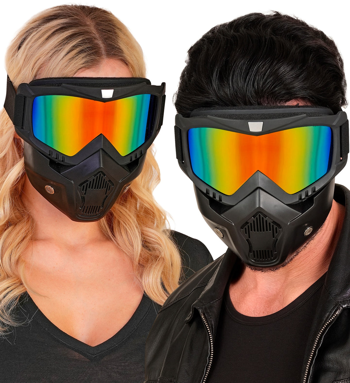 A man and a woman posing side-by-side, both wearing identical black tactical masks with bright rainbow mirrored lenses.