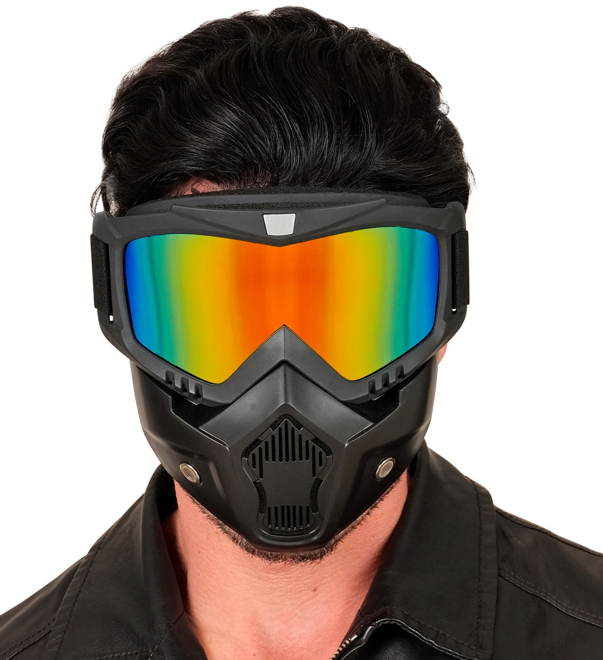 Close-up of a male model facing forward wearing a black tactical mask with a vibrant orange, green, and blue mirrored lens.